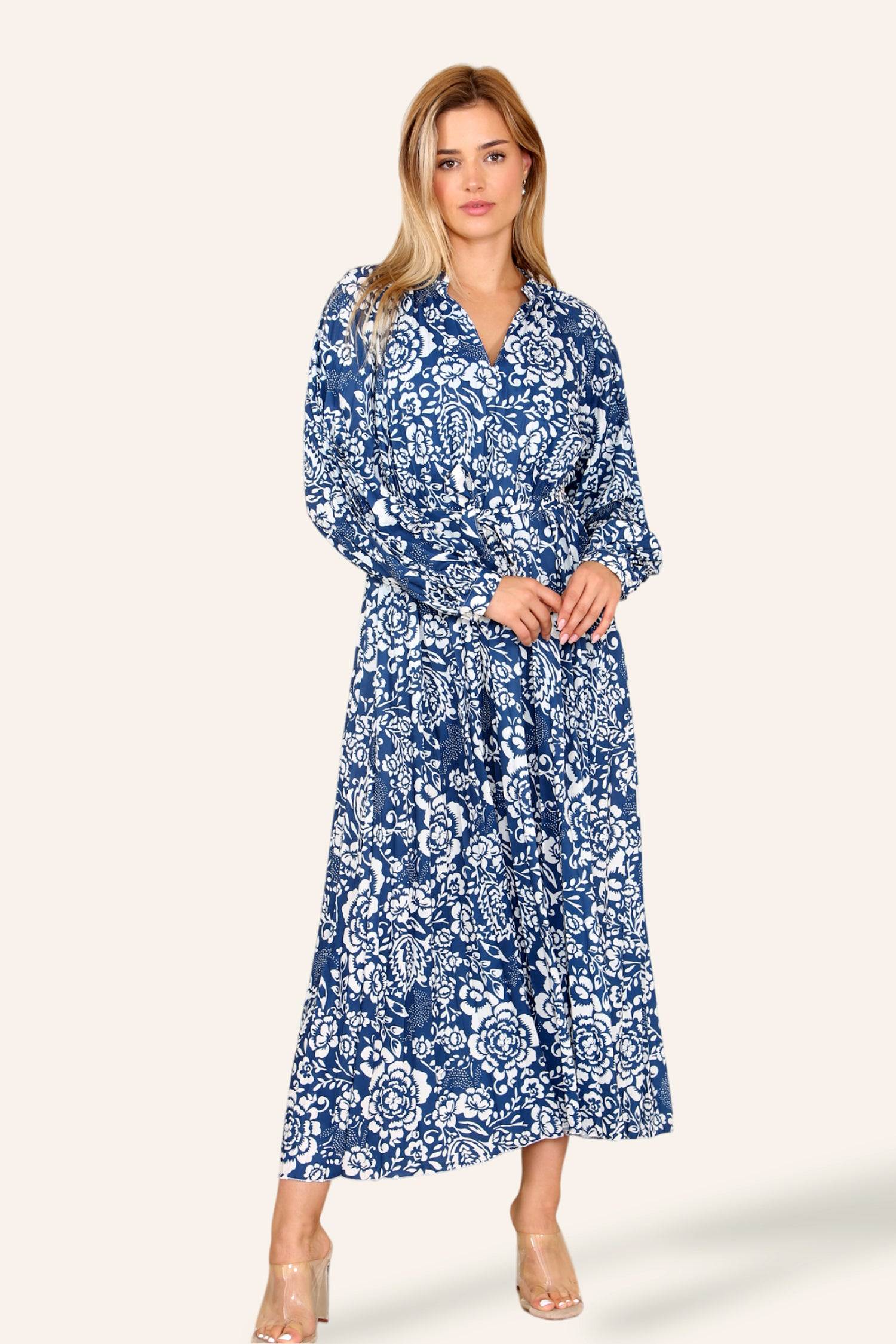 Love Sunshine Blue Floral Printed Belted Pleated Maxi Dress Dress with Pockets Garden Party Dress Holiday Dress Long Sleeve Dress LS-2329 Summer Dress Wedding Guest Dress