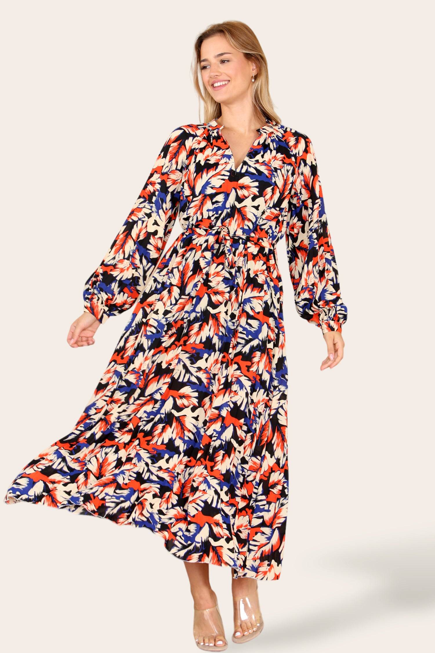 Love Sunshine Abstract Leaf Printed Belted Pleated Maxi Dress Dress with Pockets Garden Party Dress Holiday Dress Long Sleeve Dress LS-2329 Summer Dress Wedding Guest Dress