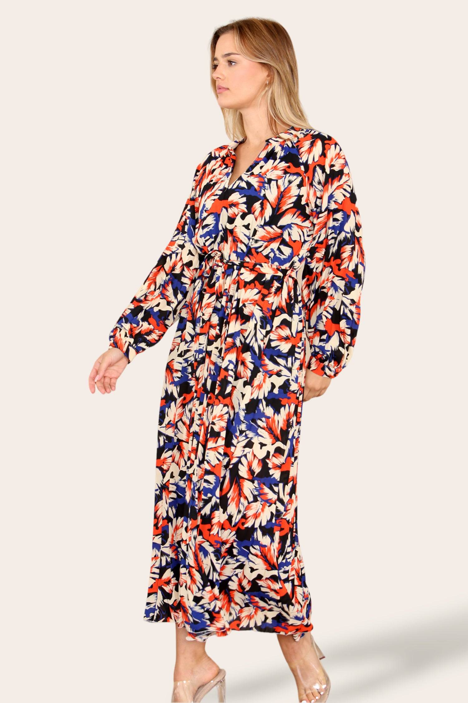 Love Sunshine Abstract Leaf Printed Belted Pleated Maxi Dress Dress with Pockets Garden Party Dress Holiday Dress Long Sleeve Dress LS-2329 Summer Dress Wedding Guest Dress