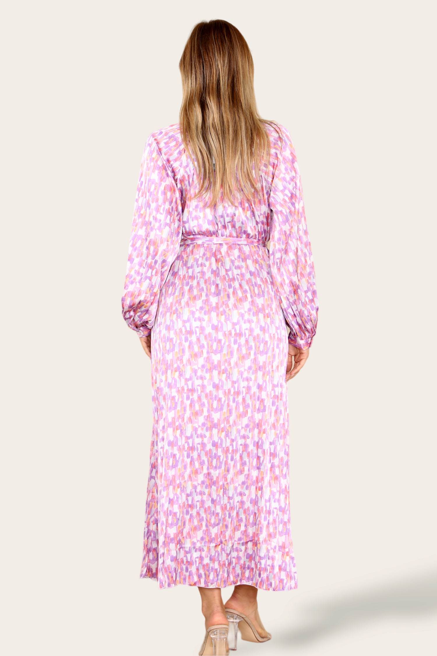 Love Sunshine Pink Printed Silky Belted Pleated Maxi Dress DB Dress with Pockets Garden Party Dress Holiday Dress Long Sleeve Dress LS-2329 Summer Dress Wedding Guest Dress