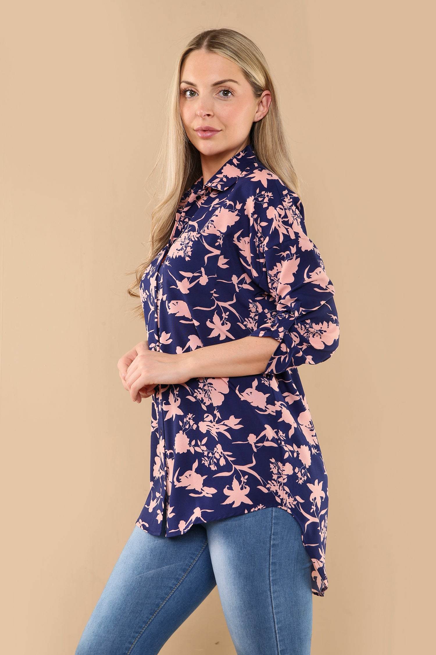Love Sunshine Navy Floral Print Oversized Shirt LS-5003