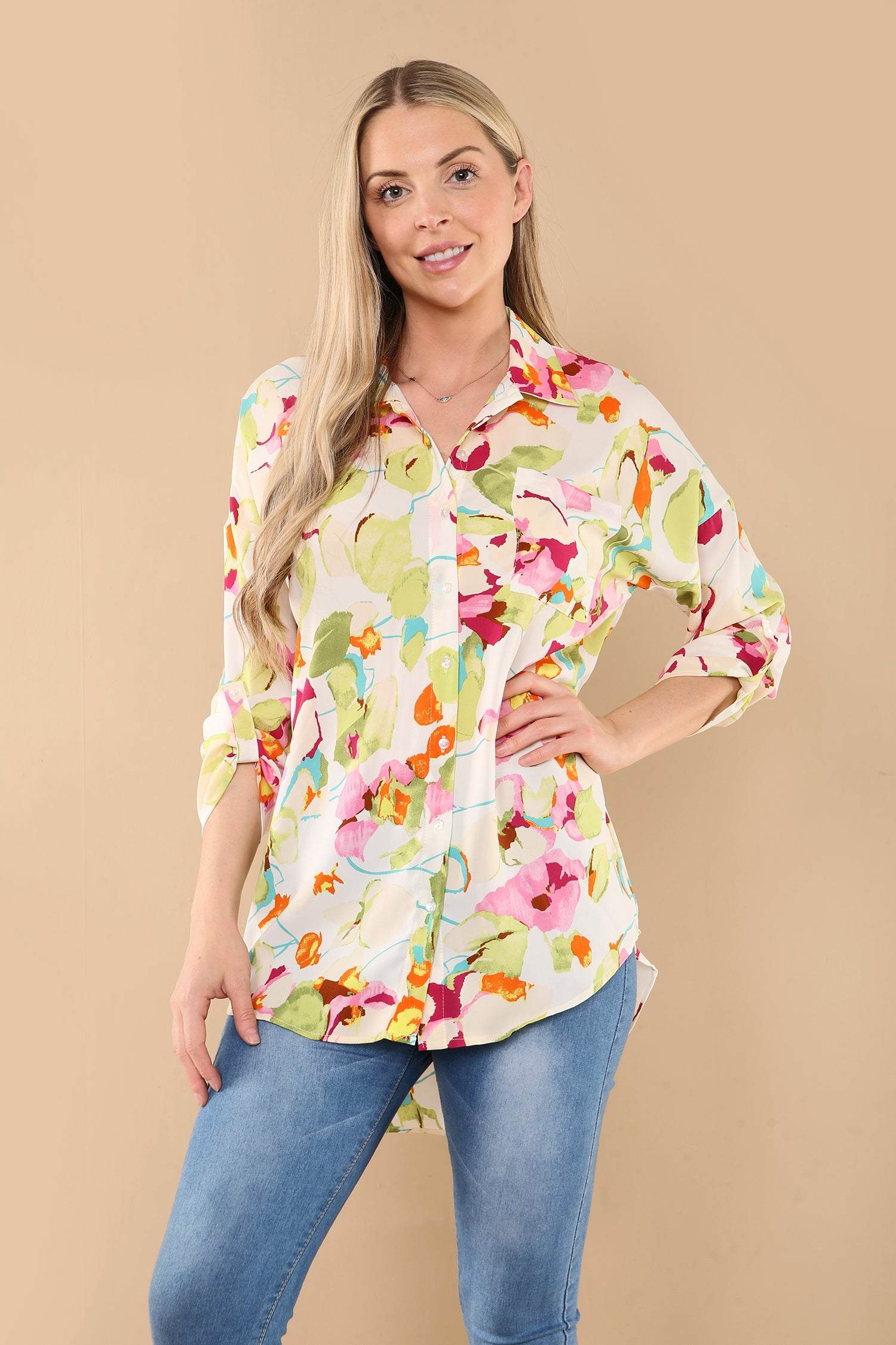Love Sunshine White Floral Print Oversized Shirt LS-5003