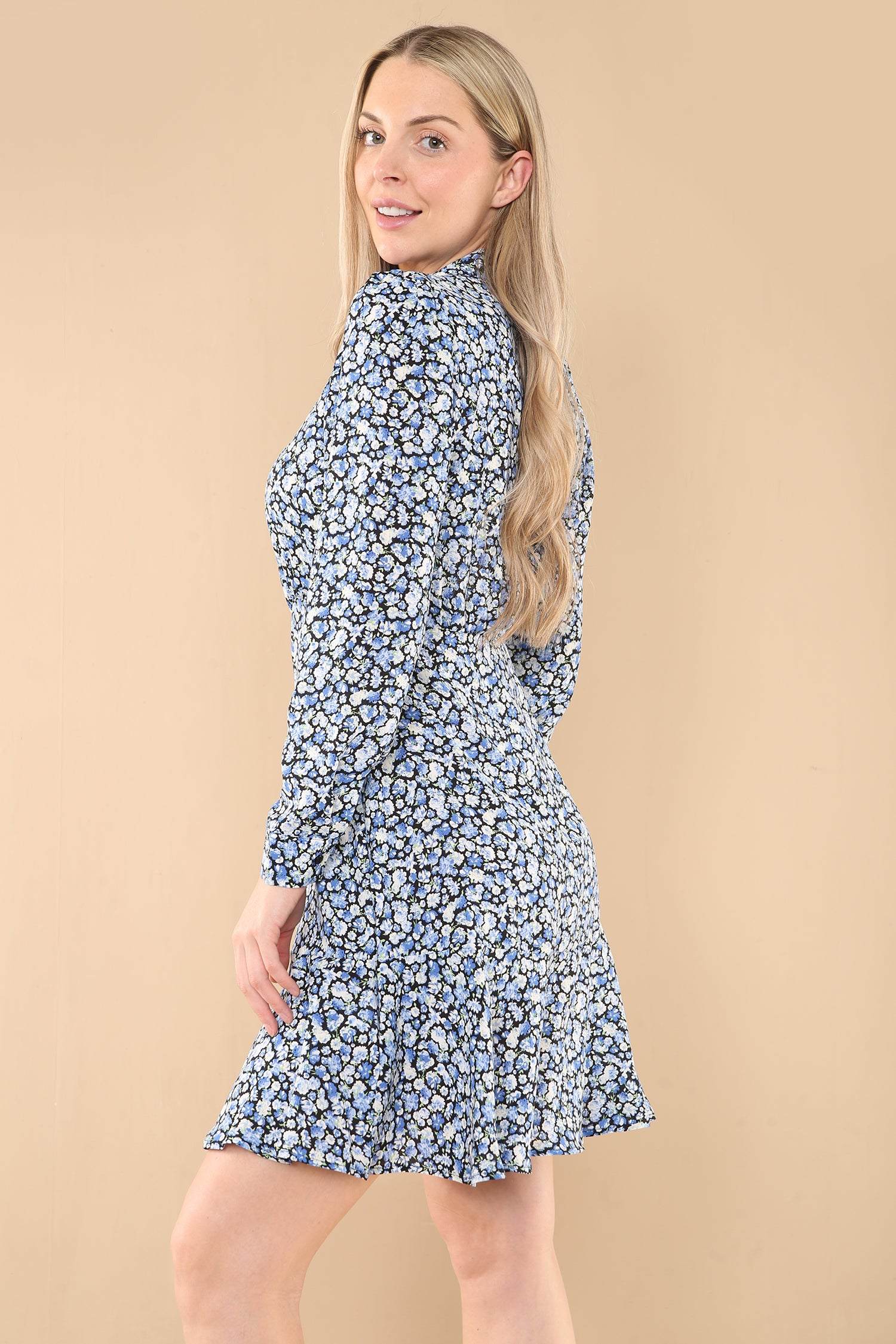 Love Sunshine Blue Floral Printt Frilled Hem Mini Dress Brunch Dress Casual Dress Everyday Dress Garden Party Dress Long Sleeve Dress LS-2141 Summer Dress