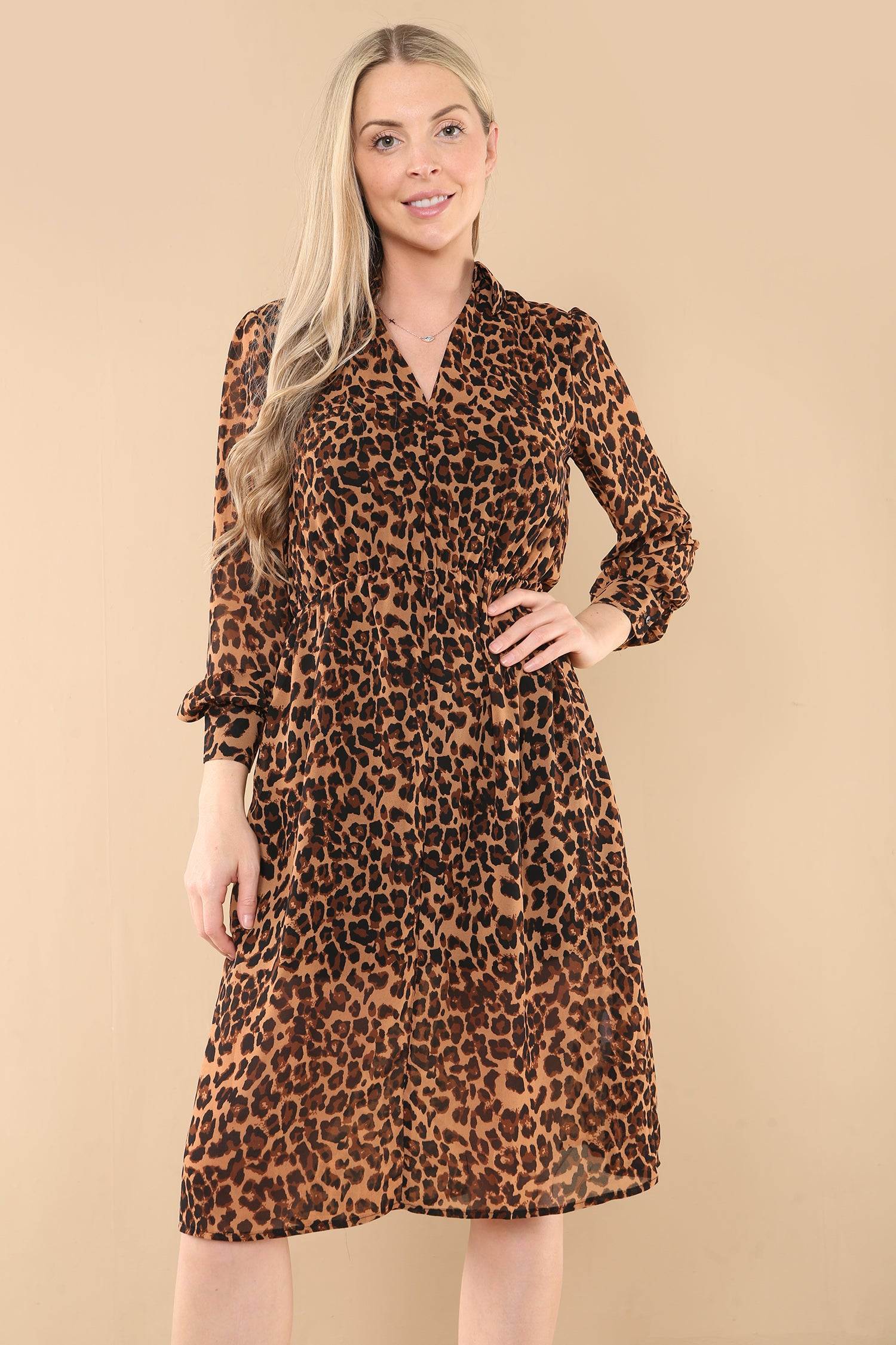 Love Sunshine Brown Leopard Print Chiffon V Neck Dress LS-2301