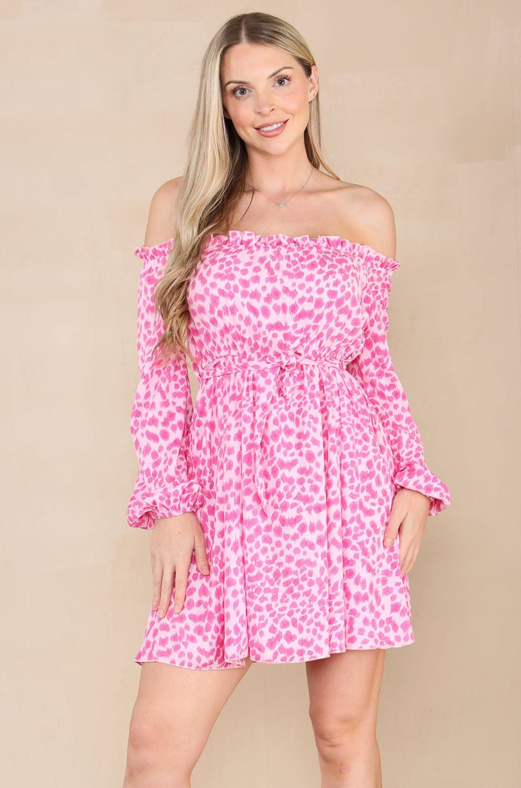 Love Sunshine Pink Leopard Print Bardot Mini Dress LS-9020