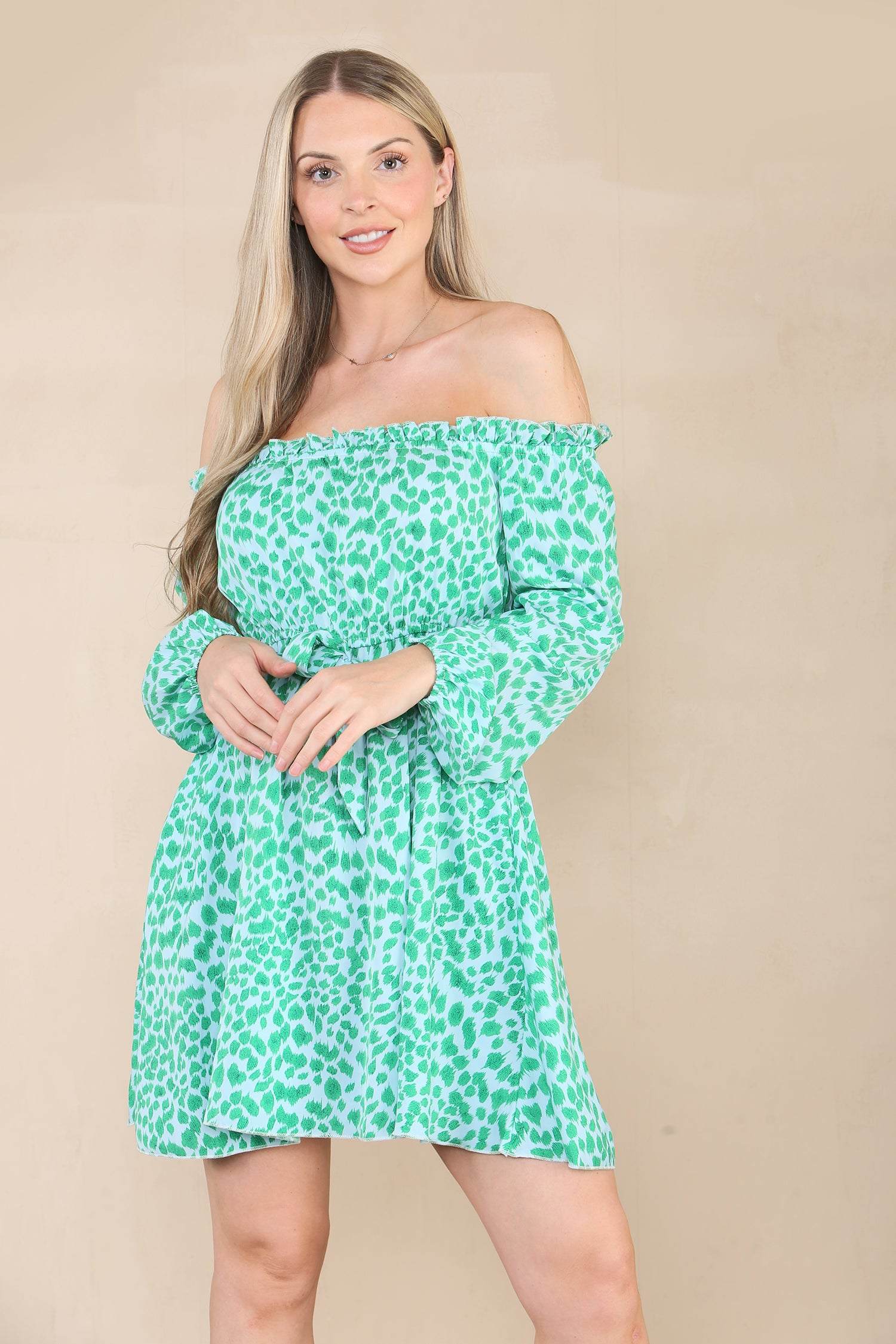 Love Sunshine Green Leopard Print Bardot Mini Dress LS-9020
