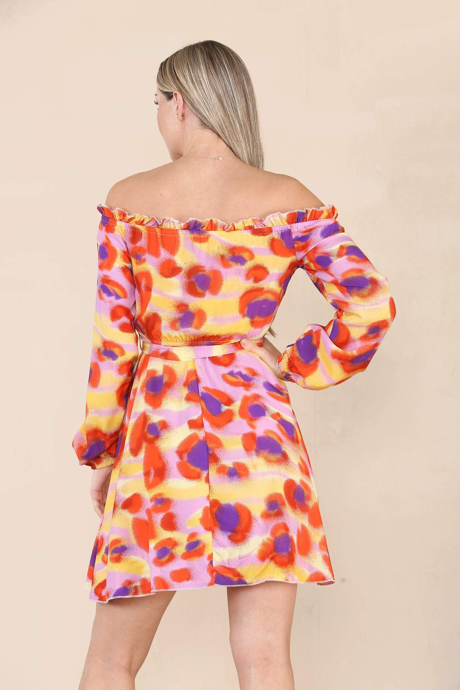 Love Sunshine Pink Printed Cold Shoulder Bardot Mini Dress LS-9020
