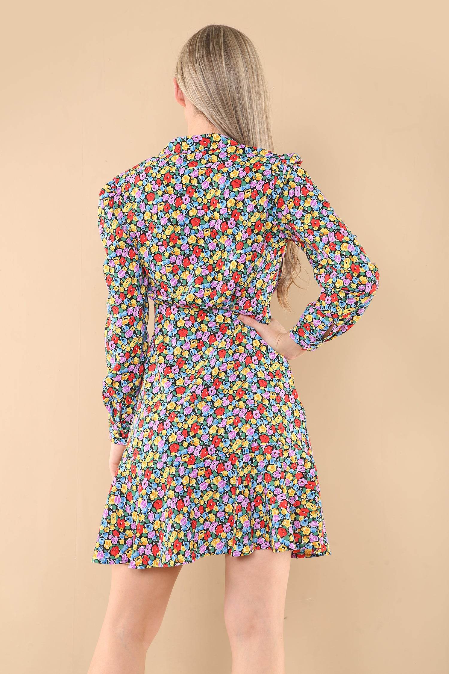 Love Sunshine Rainbow Floral Printt Frilled Hem Mini Dress Brunch Dress Casual Dress DB Everyday Dress Garden Party Dress Long Sleeve Dress LS-2141 Summer Dress