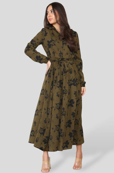 Love Sunshine Khaki Floral Print Long Sleeve Midaxi Shirt Dress Brunch Dress Casual Dress DB Dress with Pockets Everyday Dress Long Sleeve Dress LS-2037 Workwear Dress