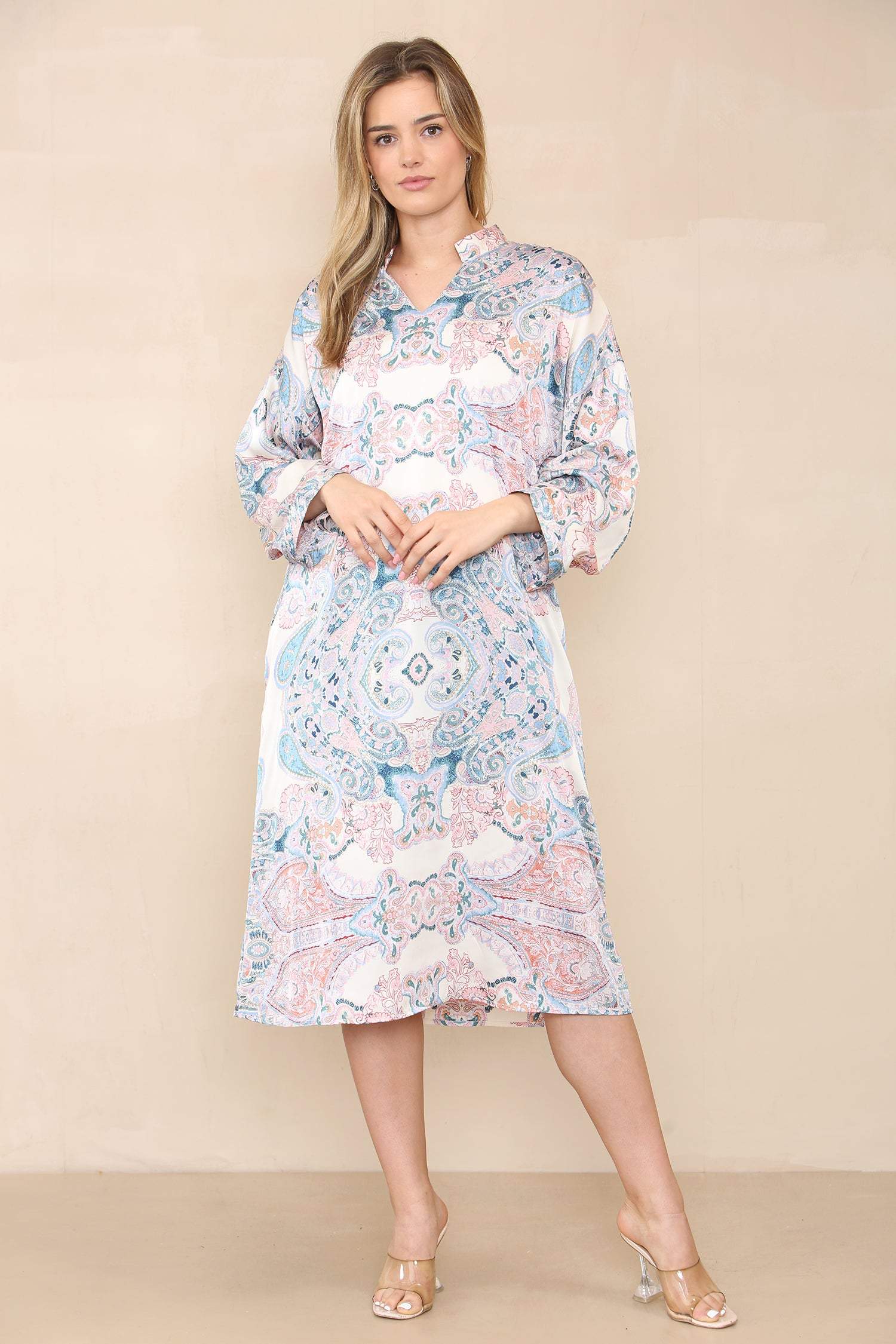 Love Sunshine Blue Pink Paisley Print Satin Kaftan Tunic Dress Casual Dress Dress with Pockets Garden Party Dress Holiday Dress LS-2222 Summer Dress