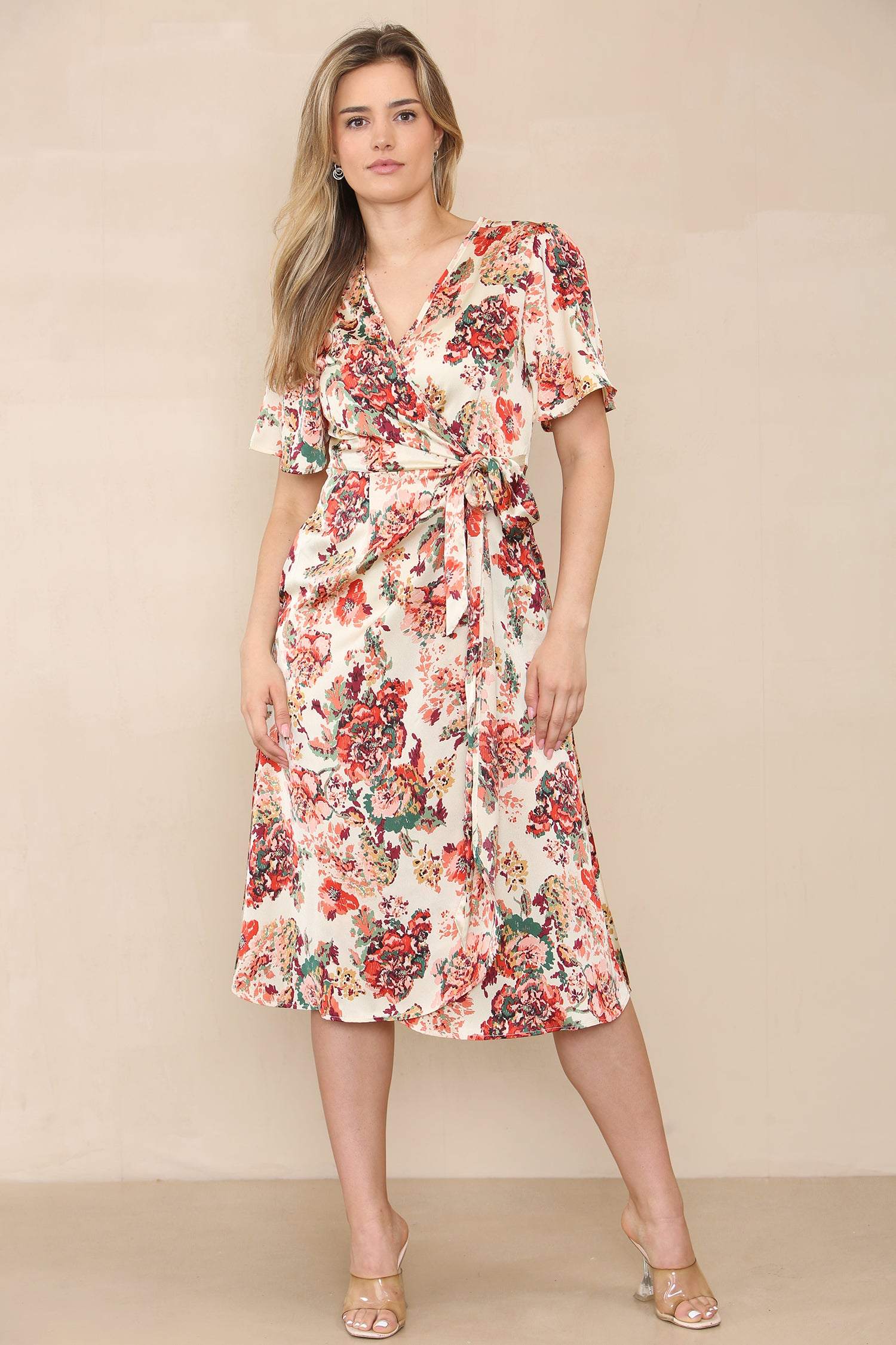 Love Sunshine Cream Floral Printed Wrapped Midi Dress DB Everyday Dress Garden Party Dress Holiday Dress LS-2314 Short Sleeve Dress Summer Dress Tea Dress Wedding Guest Dress