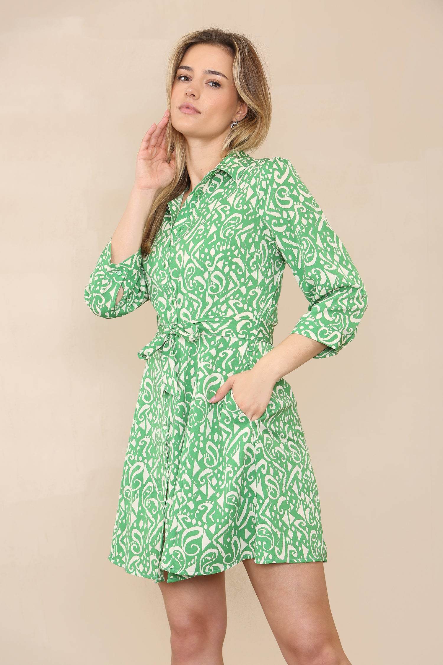 Love Sunshine Green Mixed Paisley Print Mini Shirt Dress Casual Dress DB Dress with Pockets Everyday Dress Holiday Dress LS-2143 Quarter Sleeve Dress Summer Dress