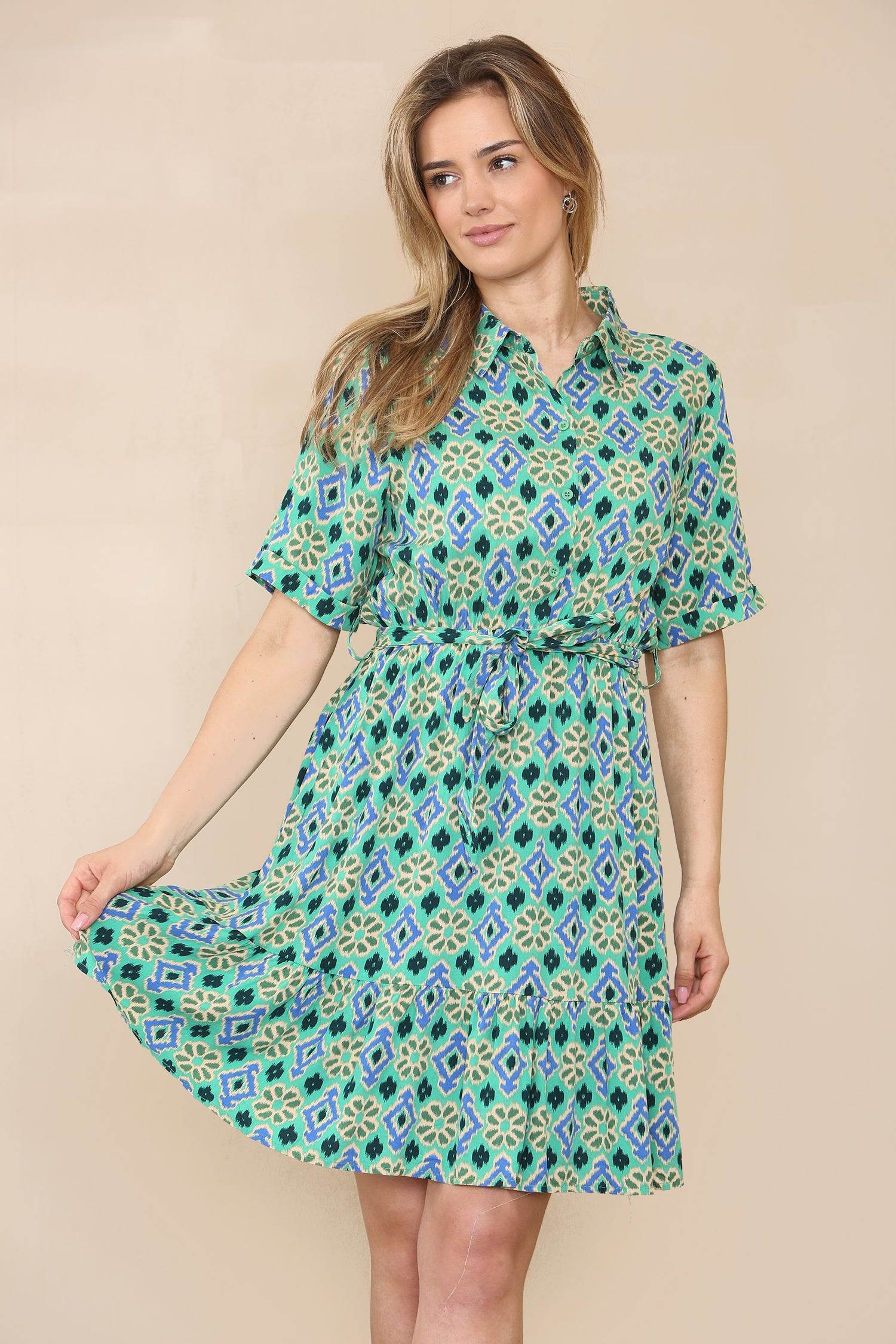 Love Sunshine Green Floral Patterned Print Short Sleeve Shirt Dress LS-1700