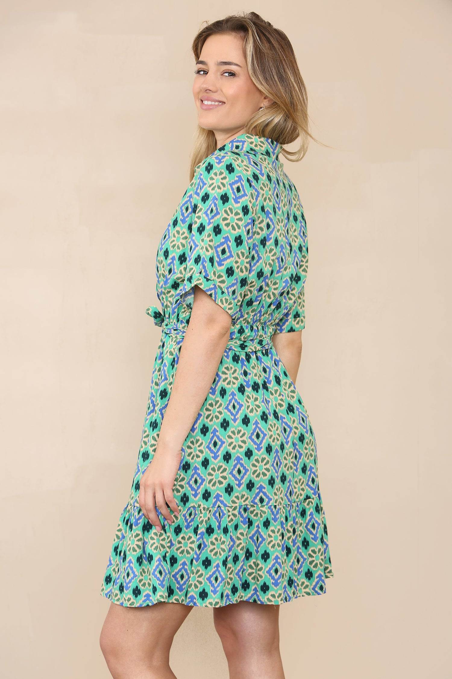 Love Sunshine Green Floral Patterned Print Short Sleeve Shirt Dress LS-1700
