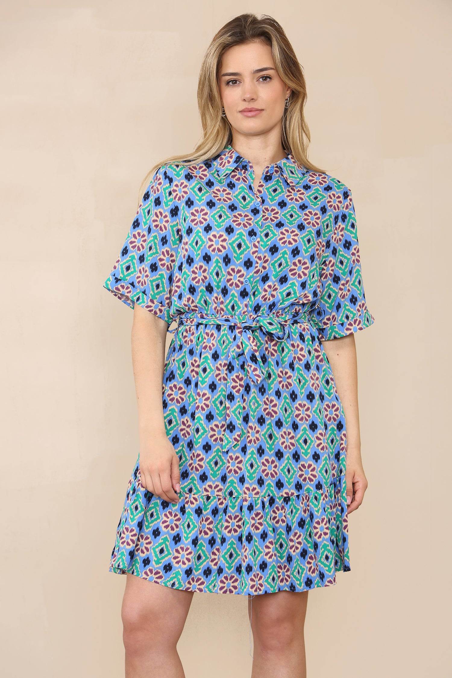 Love Sunshine Blue Floral Patterned Print Short Sleeve Shirt Dress LS-1700