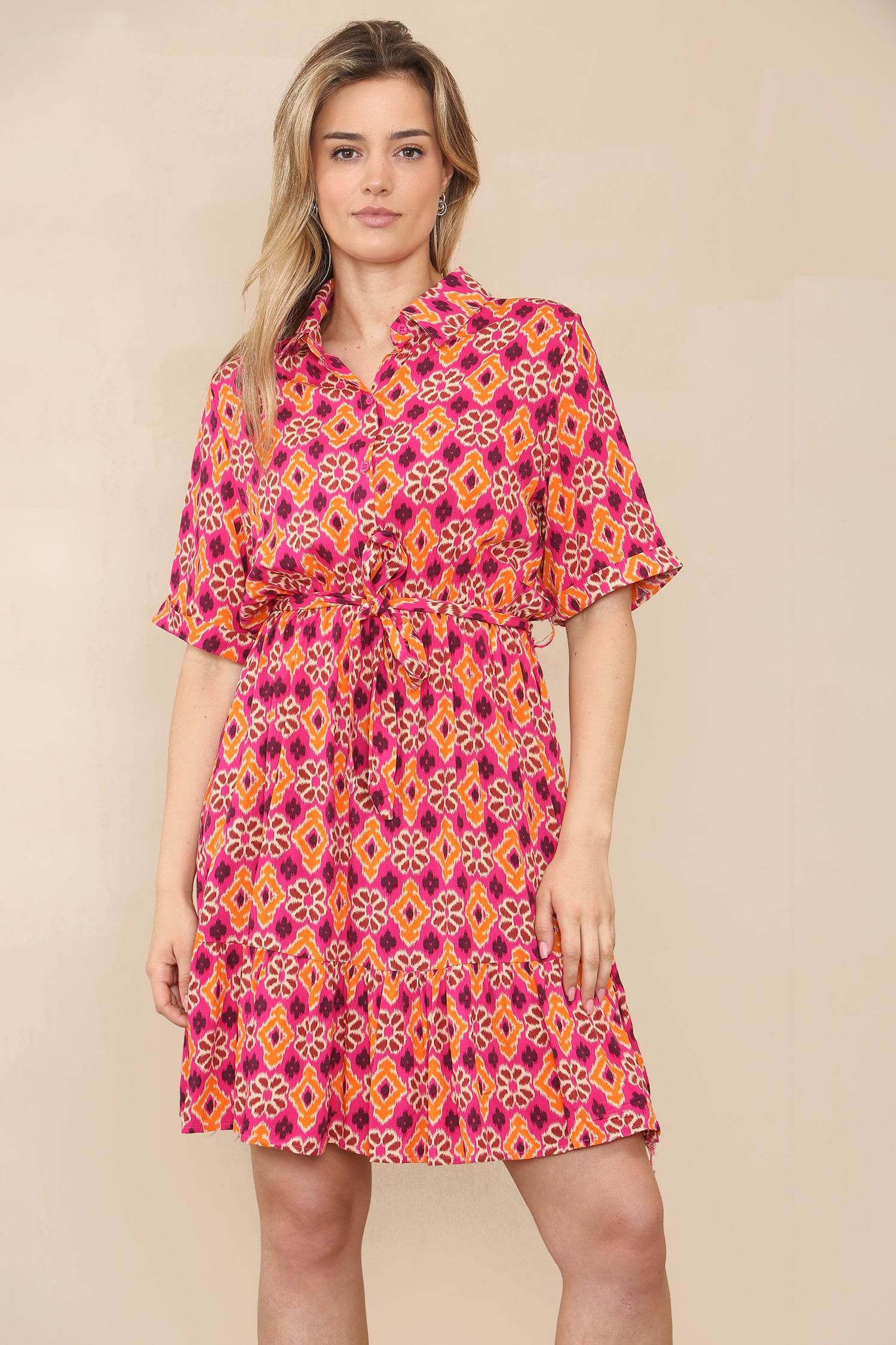 Love Sunshine Fuchsia Floral Patterned Print Short Sleeve Shirt Dress LS-1700