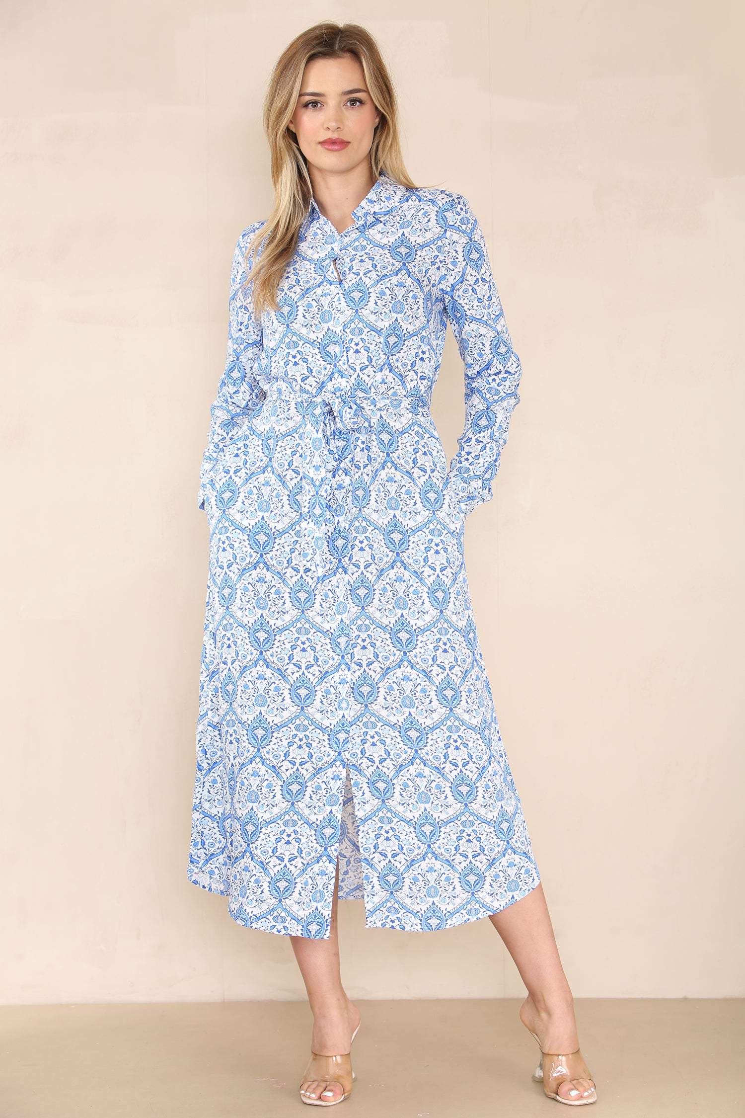 Love Sunshine Blue Border Print Maxi Shirt Dress LS-2156LL