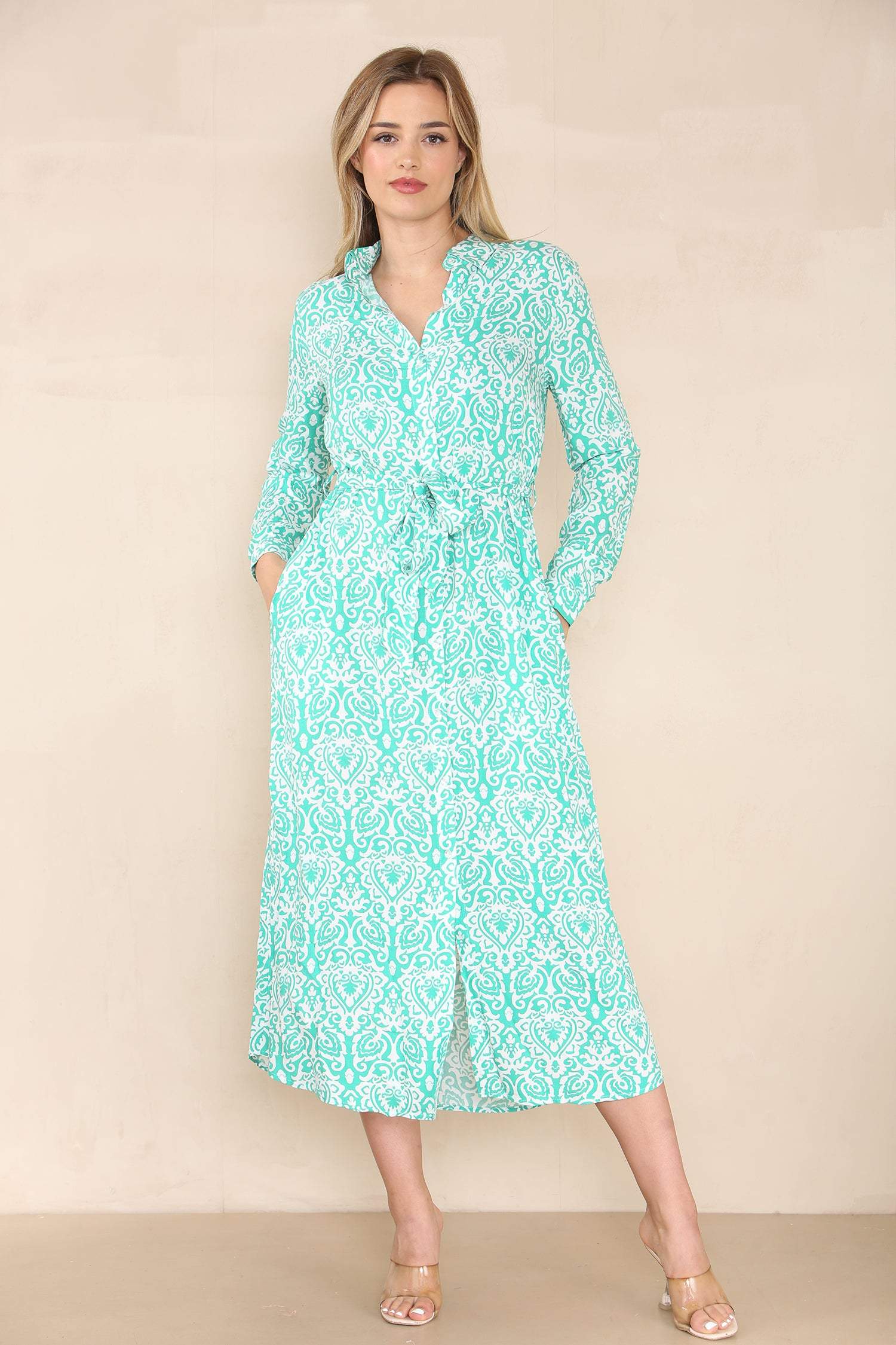 Love Sunshine Green Damask Print Maxi Shirt Dress LS-2156LL