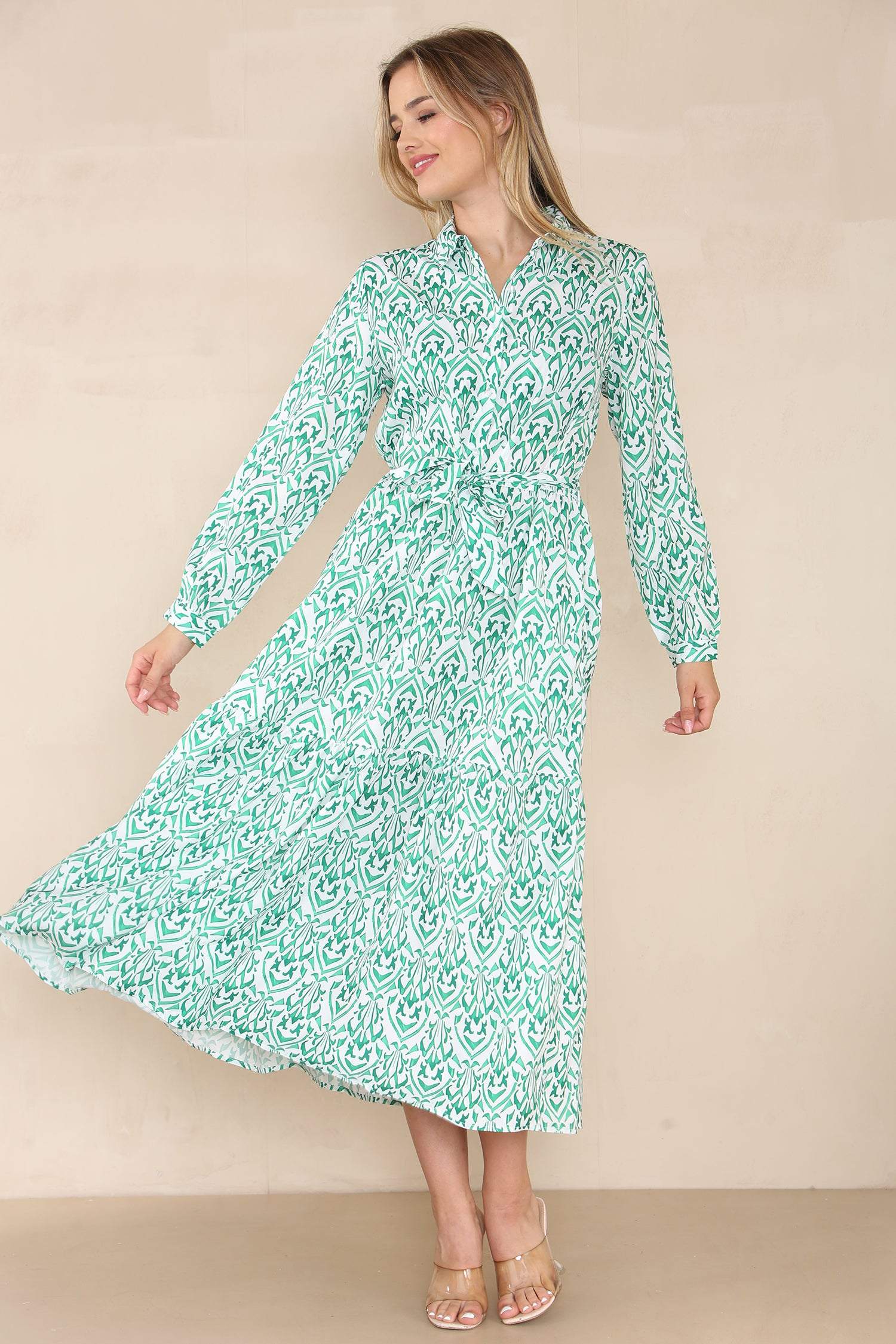 Love Sunshine Green Border Print Smock Maxi Dress DB Dress with Pockets Everyday Dress Garden Party Dress Holiday Dress Long Sleeve Dress LS-2334 Summer Dress