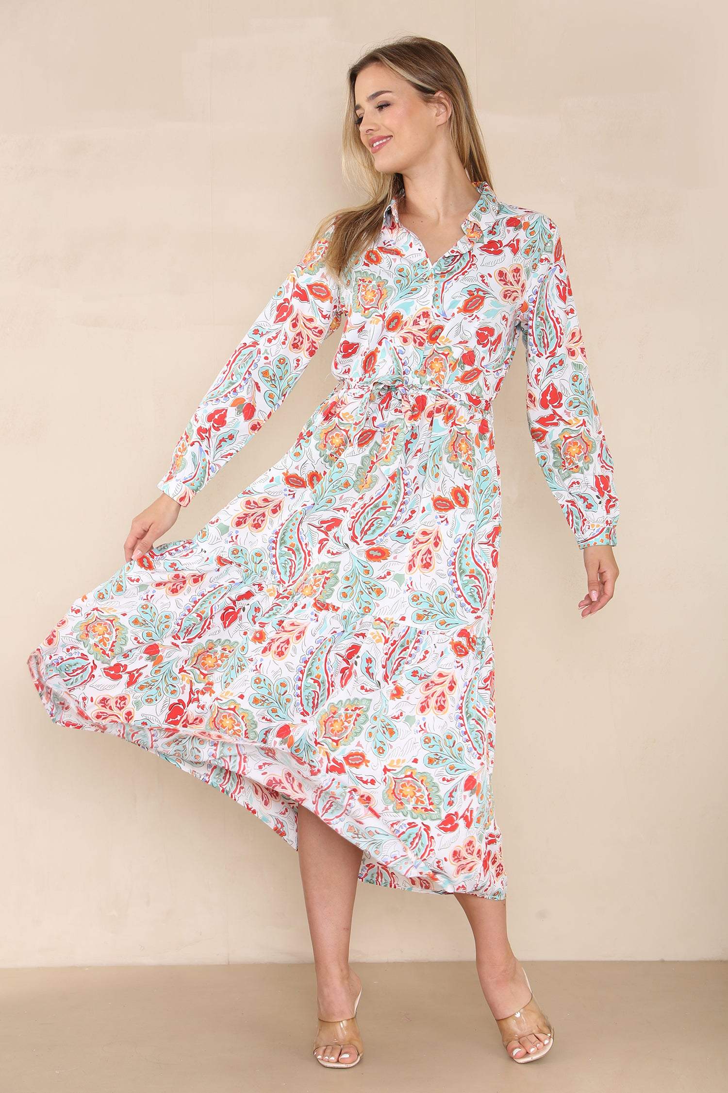Love Sunshine Paisley Floral Print Smock Maxi Dress DB Dress with Pockets Everyday Dress Garden Party Dress Holiday Dress Long Sleeve Dress LS-2334 Summer Dress