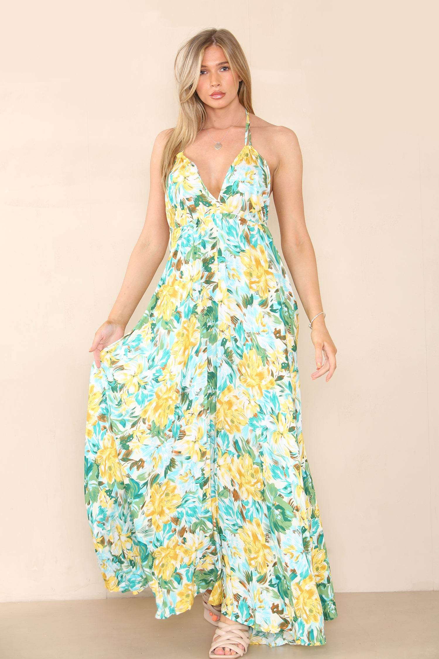 Love Sunshine Green Floral Print Strappy Maxi Dress FL-327