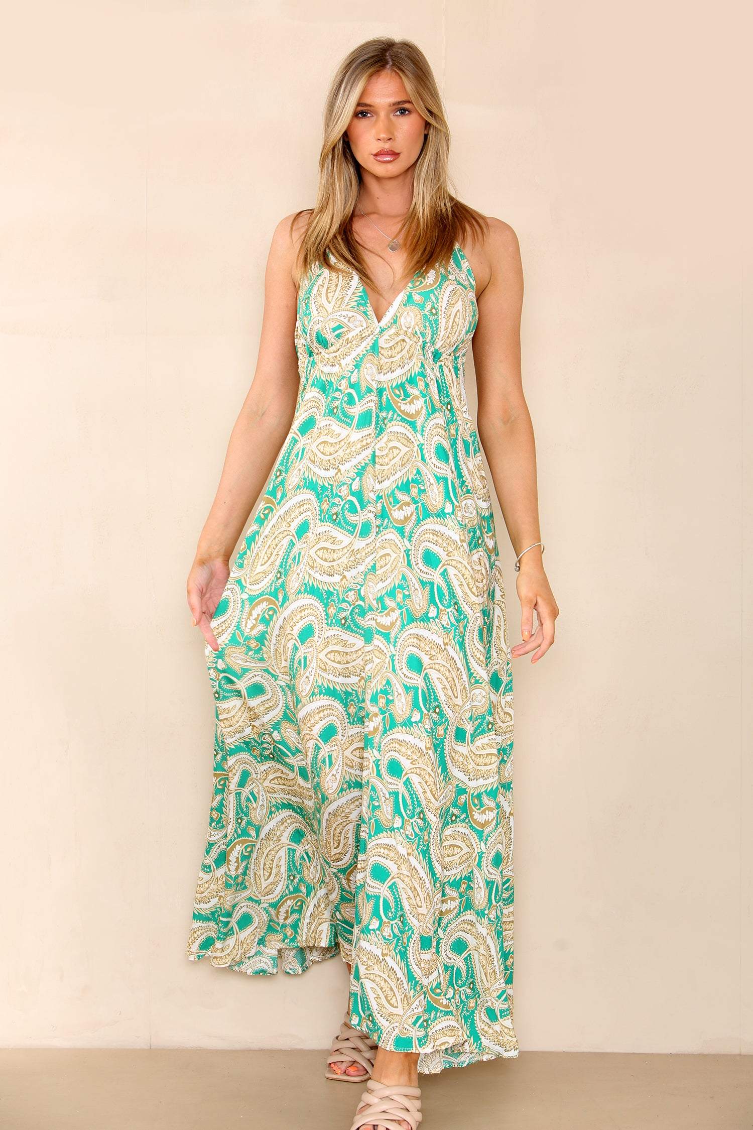 Love Sunshine Green Paisley Print Strappy Maxi Dress FL-327
