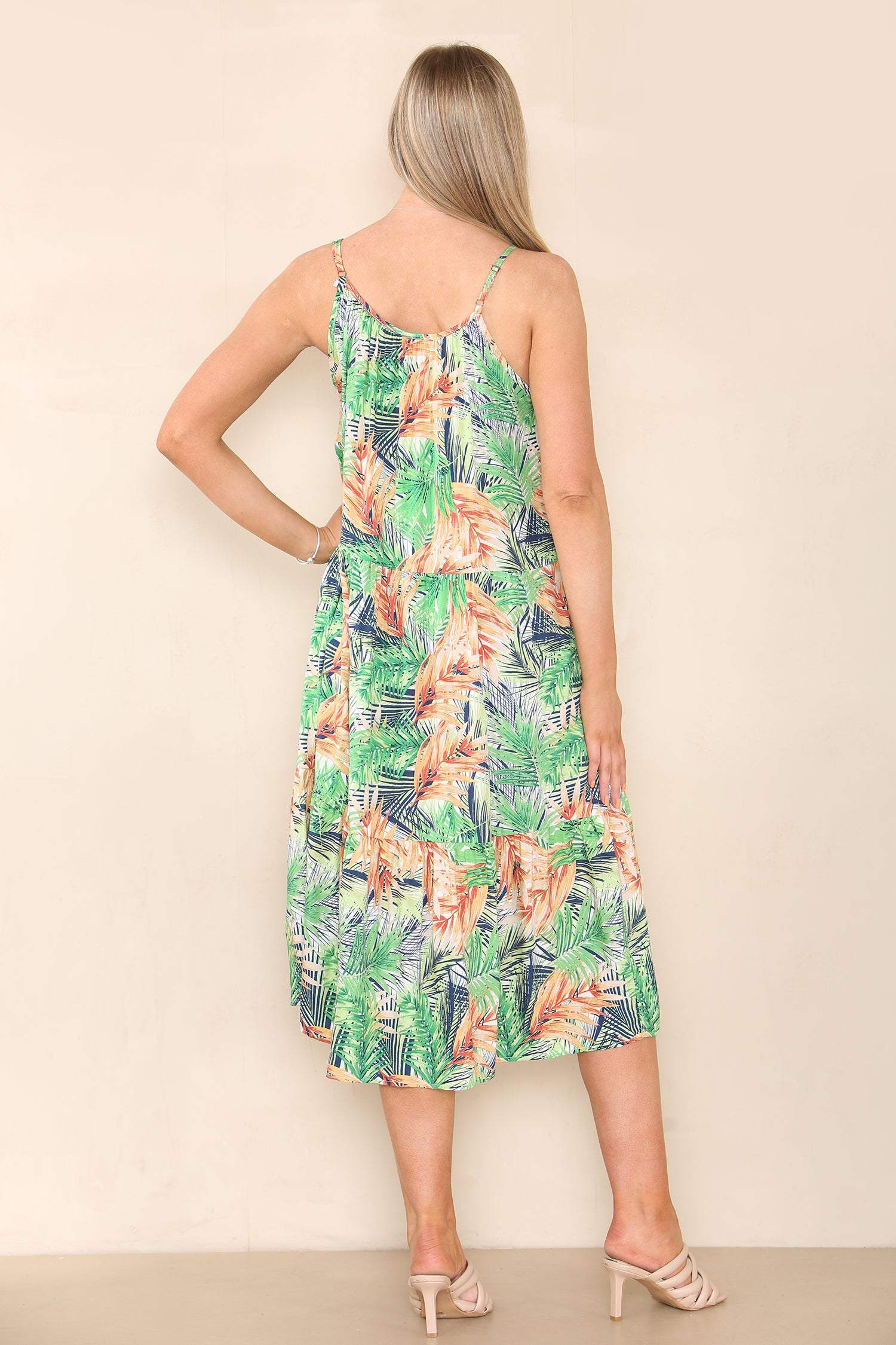 Love Sunshine Green Palm Leaf Print Strap Midi Dress CM-158