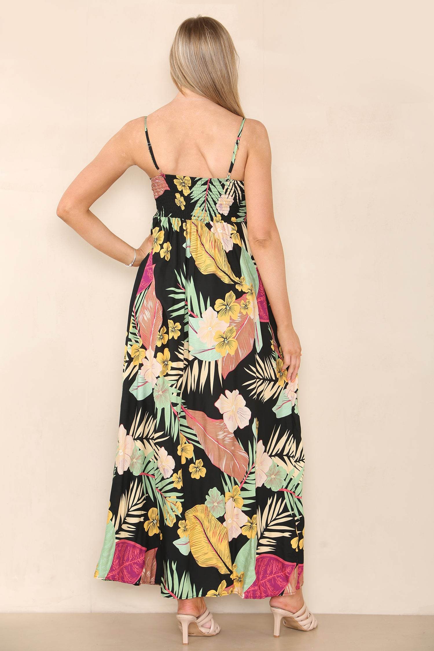 Love Sunshine Black Palm Leaf Print Strappy Maxi Dress FL-595