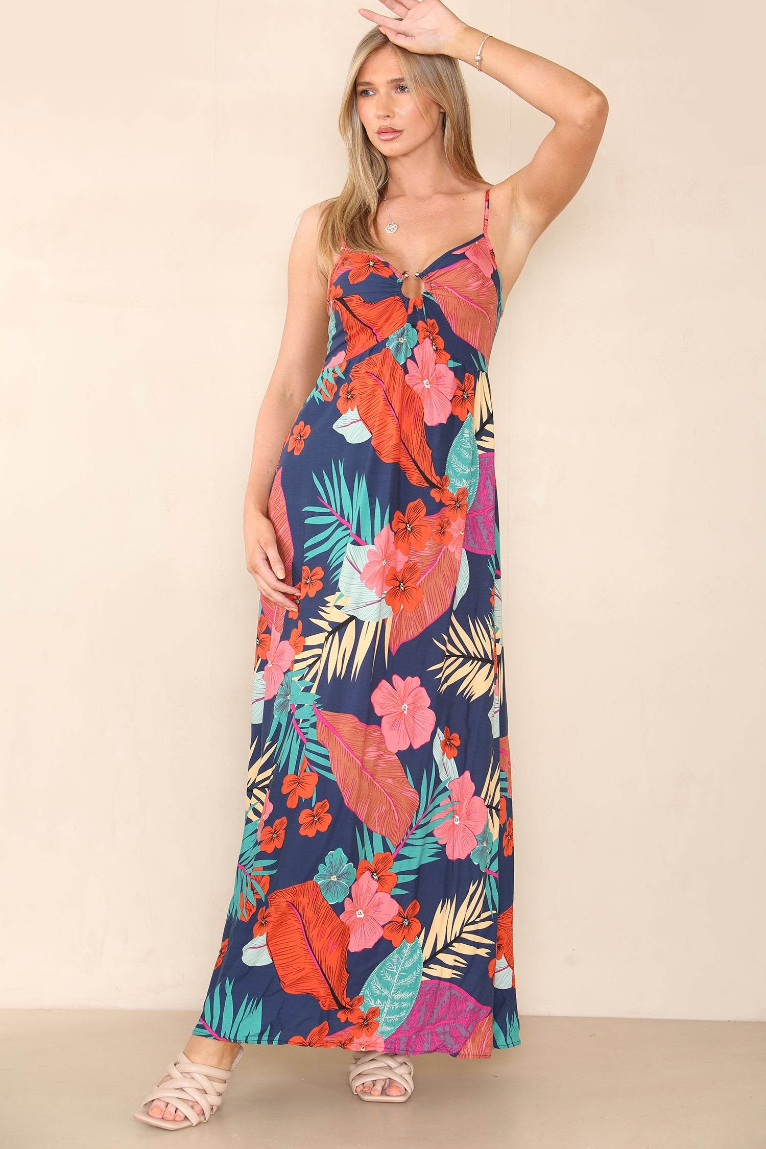 Love Sunshine Navy Palm Leaf Print Strappy Maxi Dress FL-595