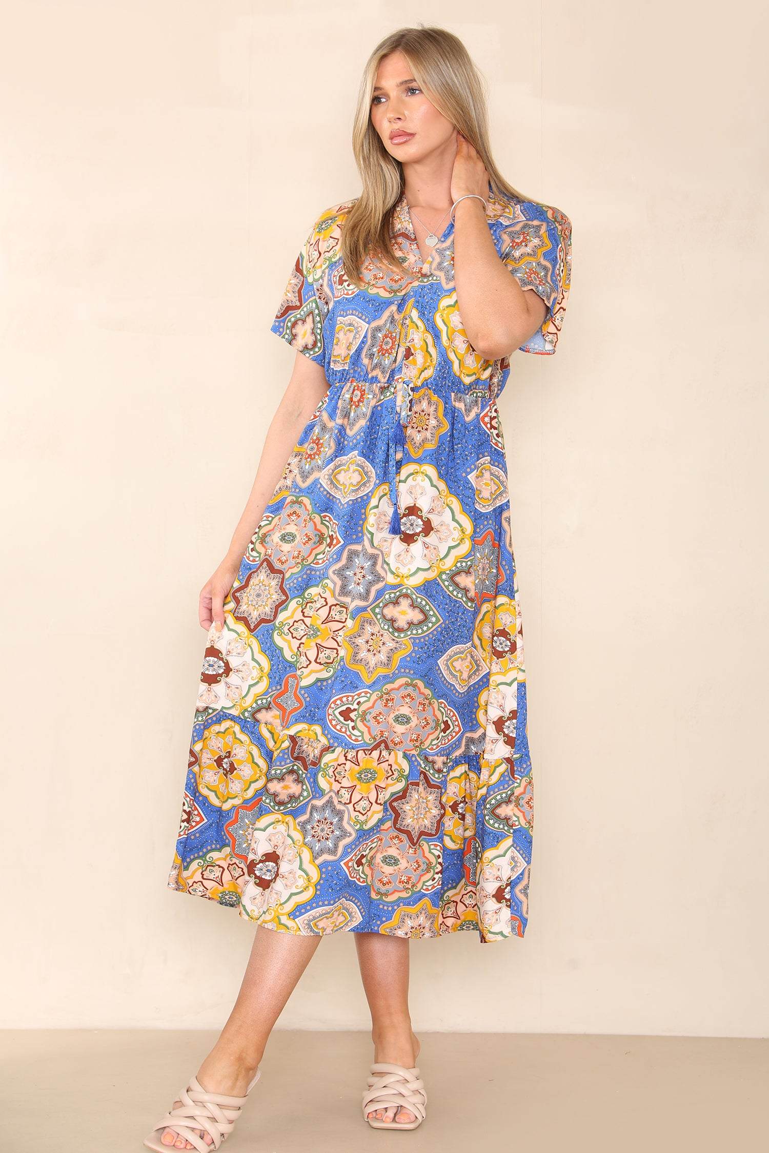 Love Sunshine Blue Pattern Printed V Neck Midi Dress FL-507