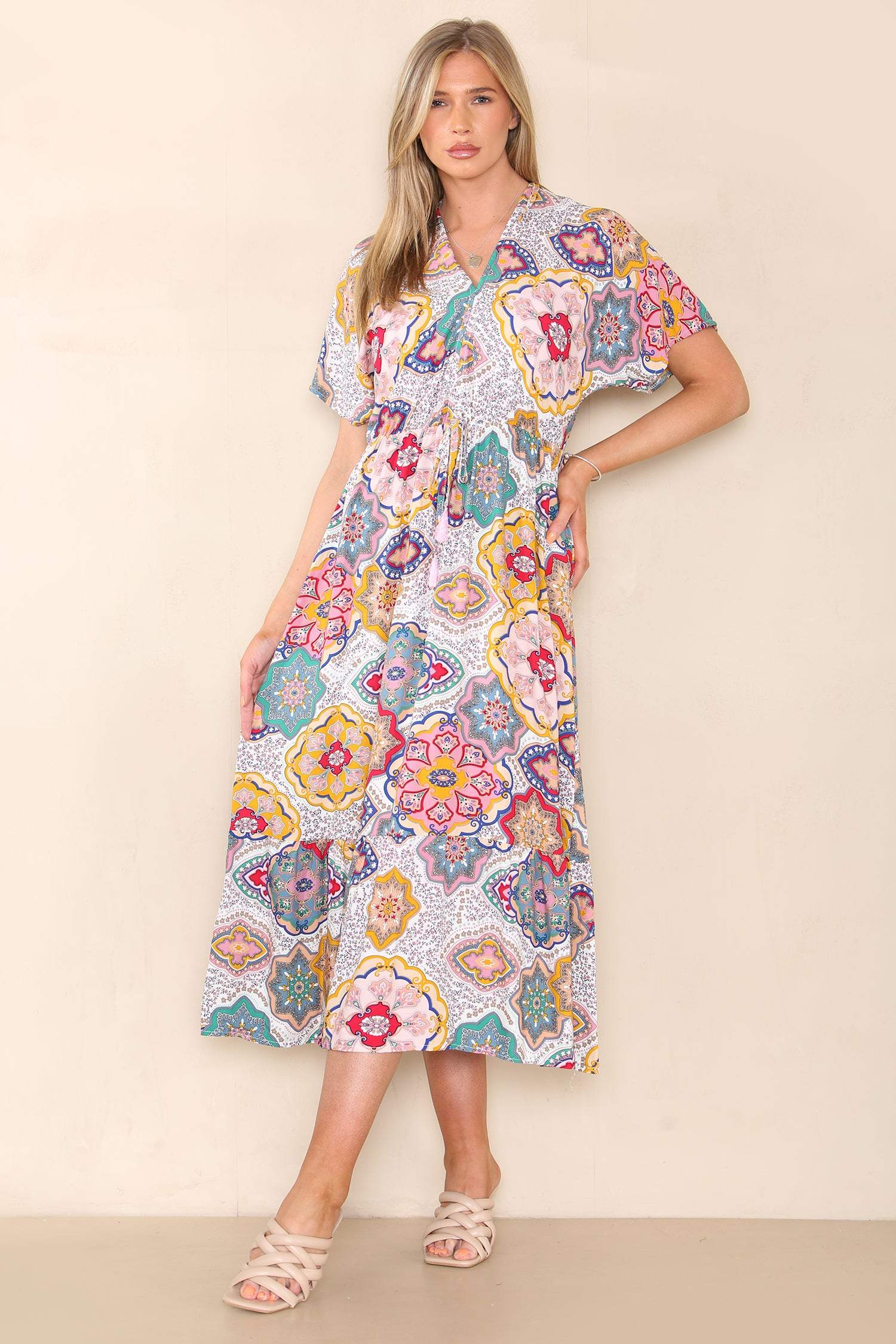 Love Sunshine White Pattern Printed V Neck Midi Dress FL-507