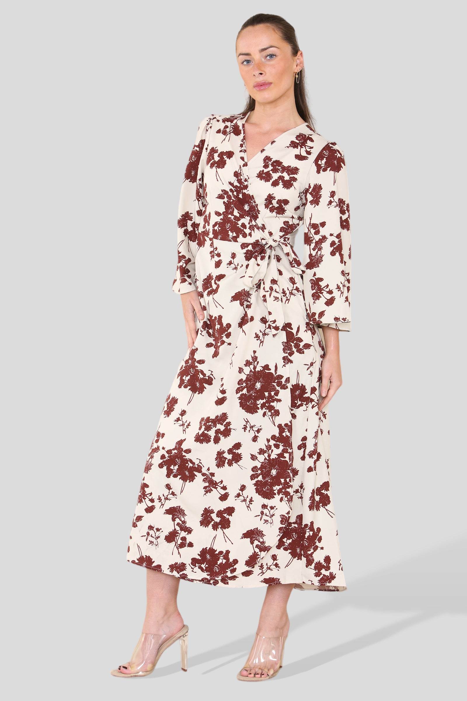 Love Sunshine Rust Floral Printed Cream Bell Sleeve Wrap Maxi Dress Dress with Pockets Garden Party Dress Going Out Dress LS-2314L Short Sleeve Dress Summer Dress Tea Dress Wedding Guest Dress