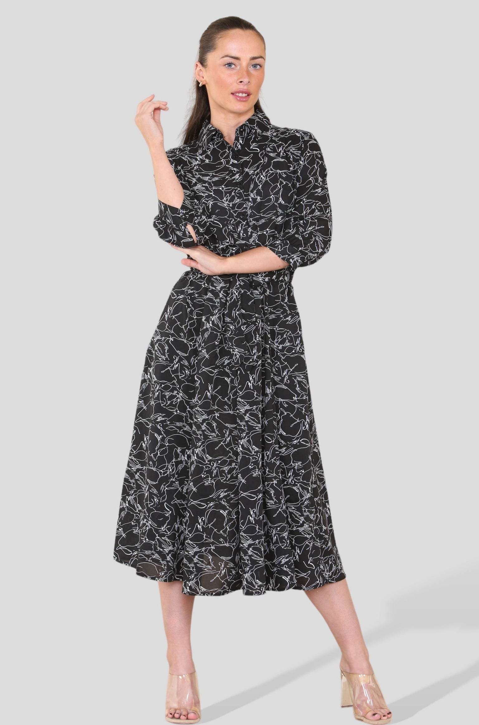 Love Sunshine Black Sketch Floral Printed Midi Shirt Dress Brunch Dress Casual Dress Dress with Pockets Everyday Dress LS-2045 Workwear Dress