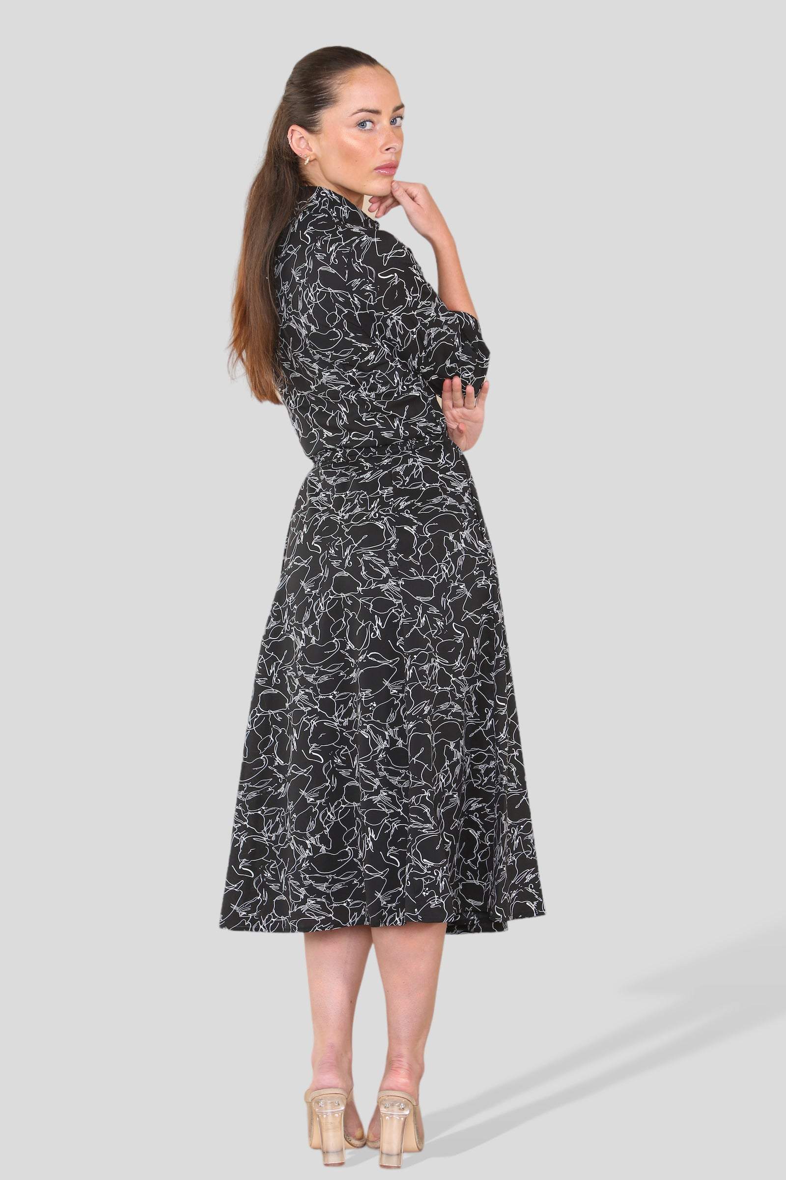 Love Sunshine Black Printed Midi Shirt Dress Brunch Dress Casual Dress Dress with Pockets Everyday Dress LS-2045 Workwear Dress