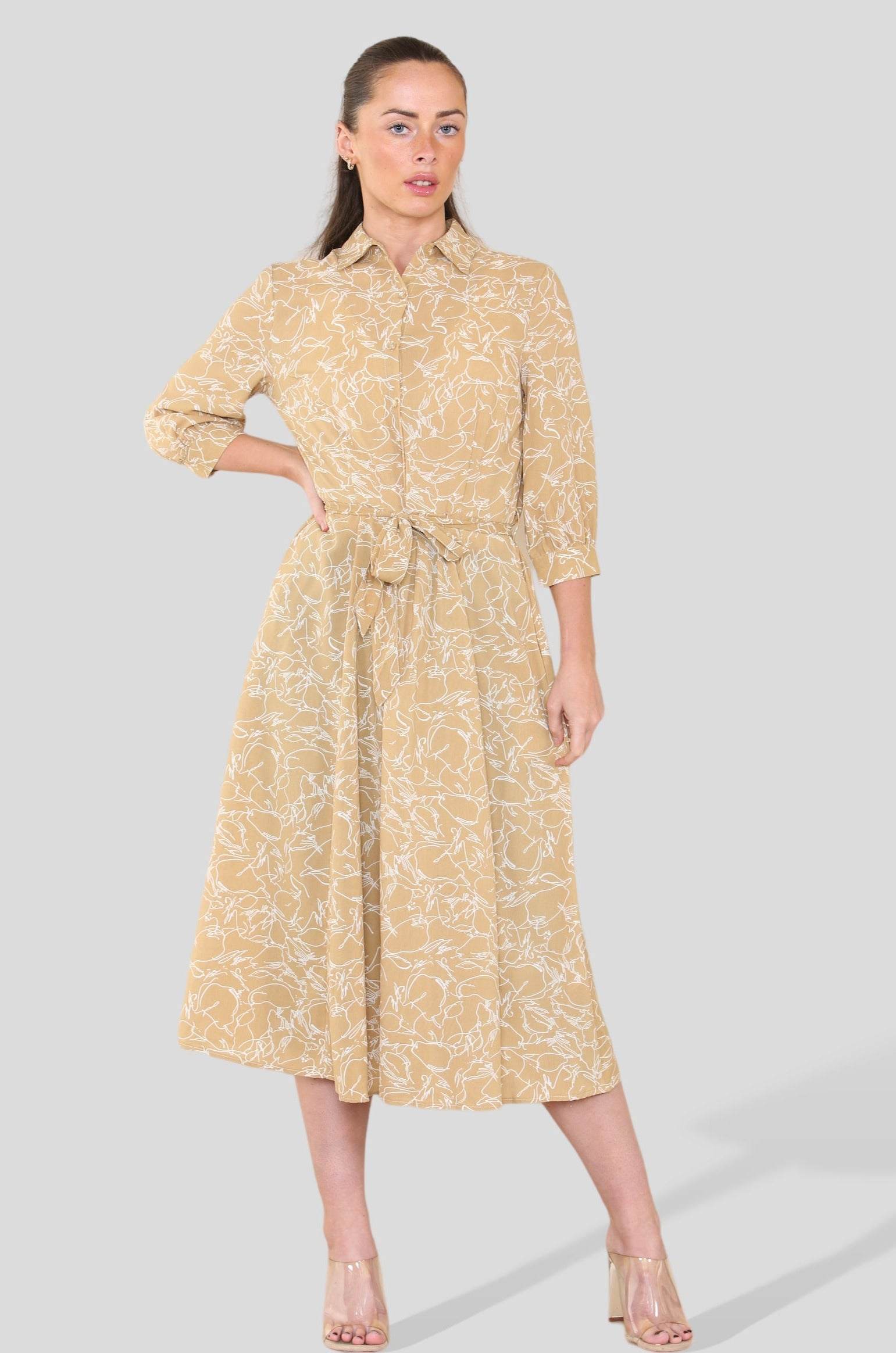 Love Sunshine Beige Printed Midi Shirt Dress Brunch Dress Casual Dress Dress with Pockets Everyday Dress LS-2045 Workwear Dress