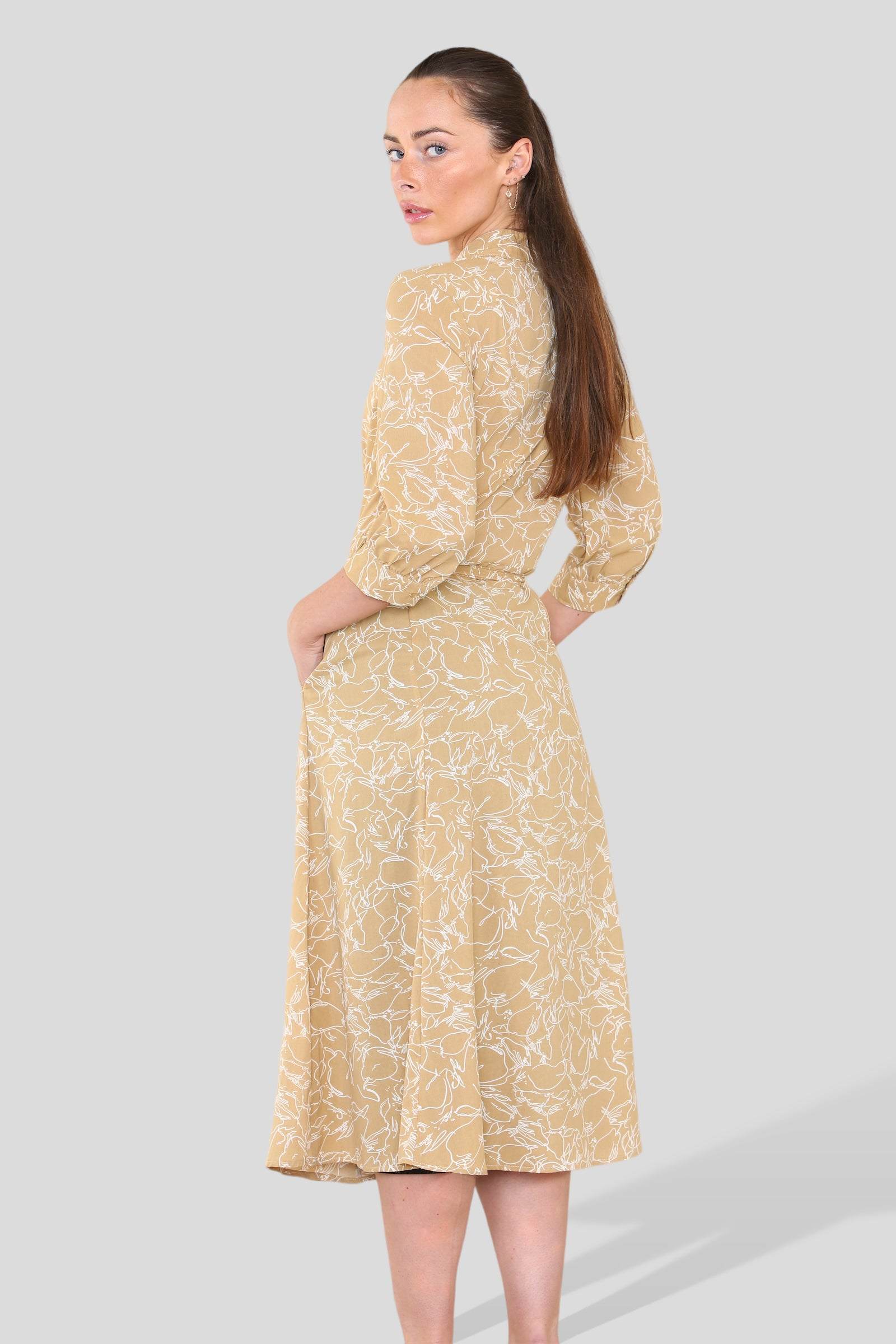 Love Sunshine Beige Printed Midi Shirt Dress Brunch Dress Casual Dress Dress with Pockets Everyday Dress LS-2045 Workwear Dress