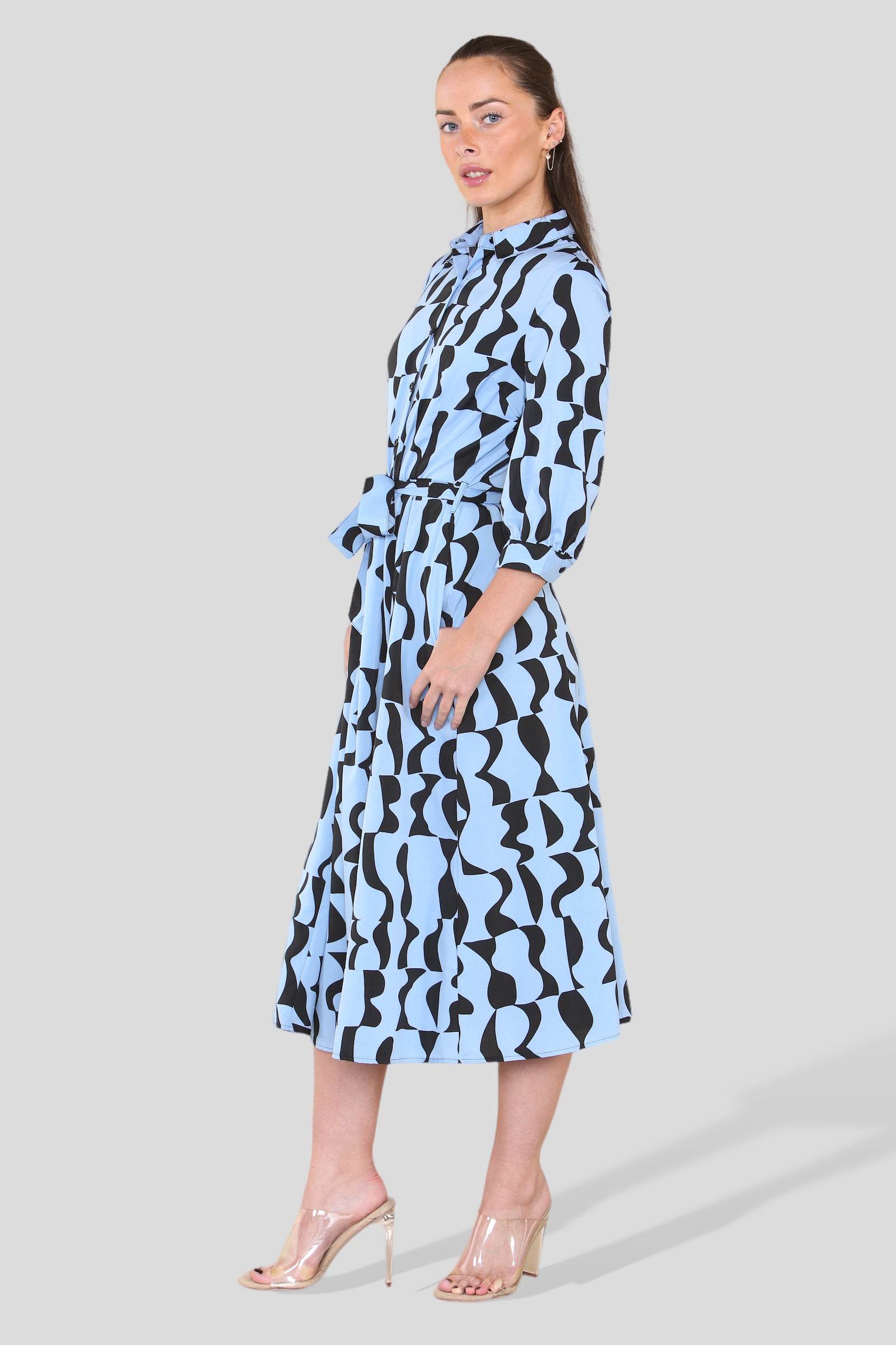 Love Sunshine Blue Geometric Print Half Sleeve Midi Shirt Dress Brunch Dress Casual Dress DB Dress with Pockets Everyday Dress LS-2045 Workwear Dress