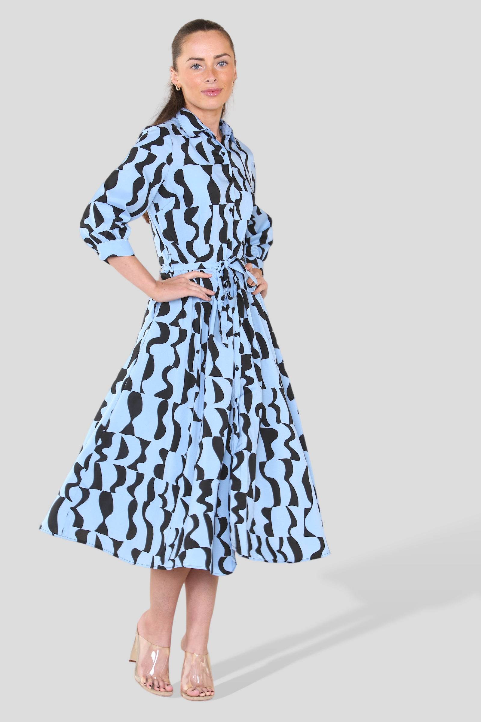 Love Sunshine Blue Geometric Print Half Sleeve Midi Shirt Dress Brunch Dress Casual Dress DB Dress with Pockets Everyday Dress LS-2045 Workwear Dress