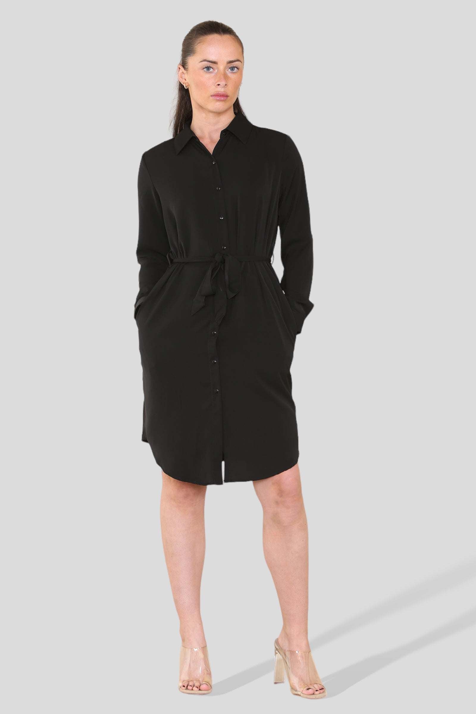 Love Sunshine Plain Black Belted Mini Shirt Dress Brunch Dress Casual Dress Dress with Pockets Everyday Dress Long Sleeve Dress LS-5026 Workwear Dress