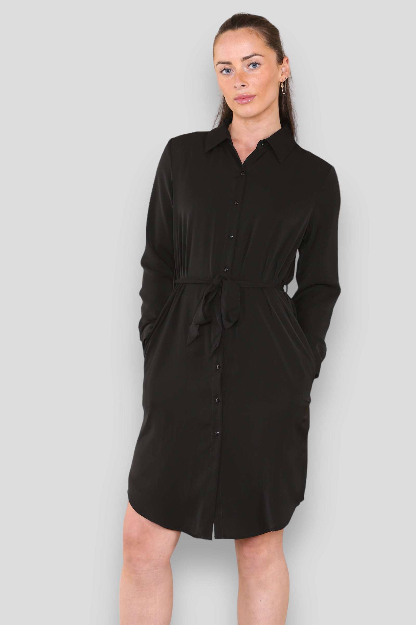 Love Sunshine Plain Black Belted Mini Shirt Dress Brunch Dress Casual Dress Dress with Pockets Everyday Dress Long Sleeve Dress LS-5026 Workwear Dress