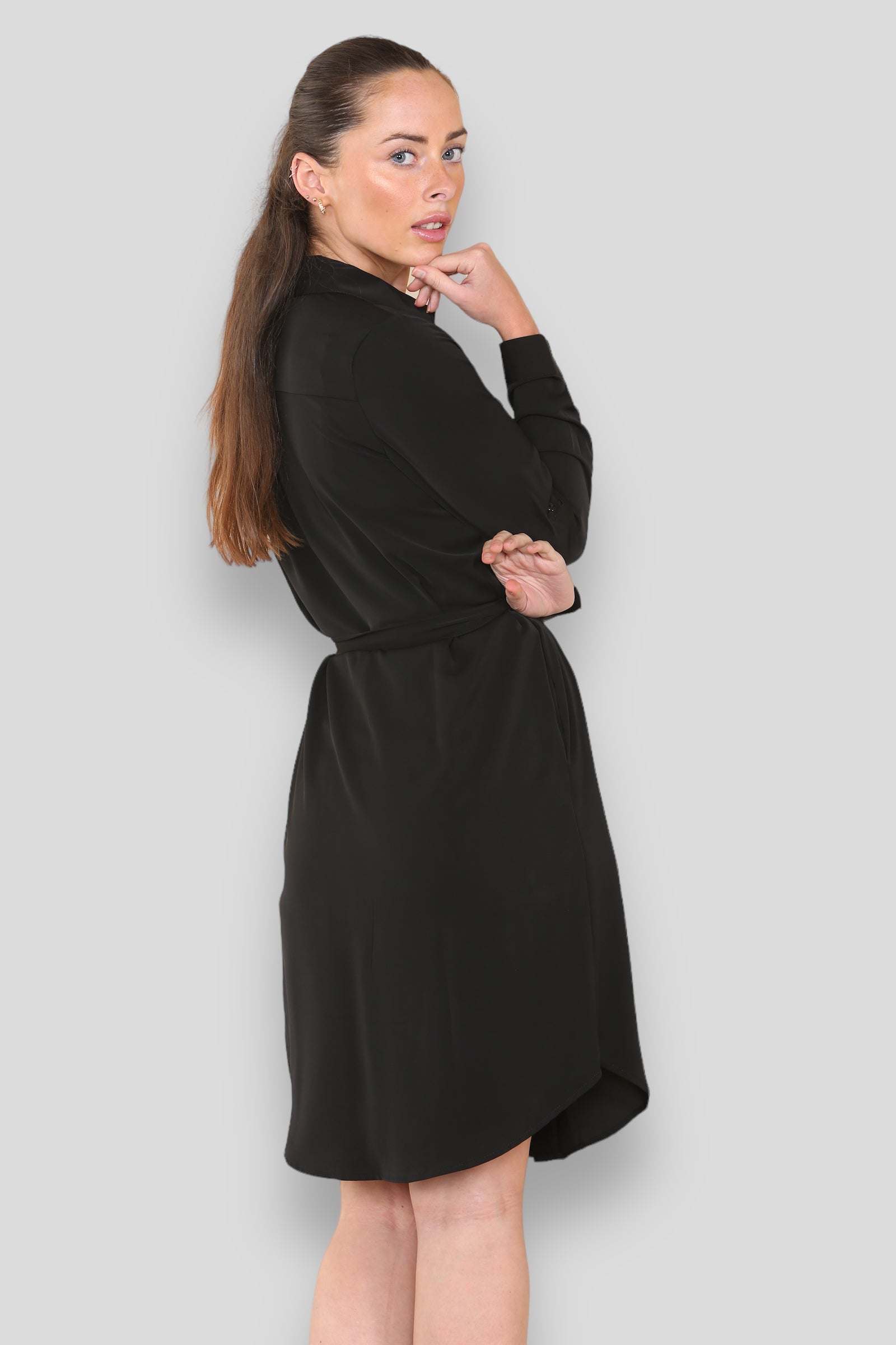Love Sunshine Plain Black Belted Mini Shirt Dress