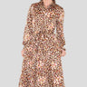 Love Sunshine Brown Leopard Bubble Satin Printed Belted Midi Shirt Dress LS-2279