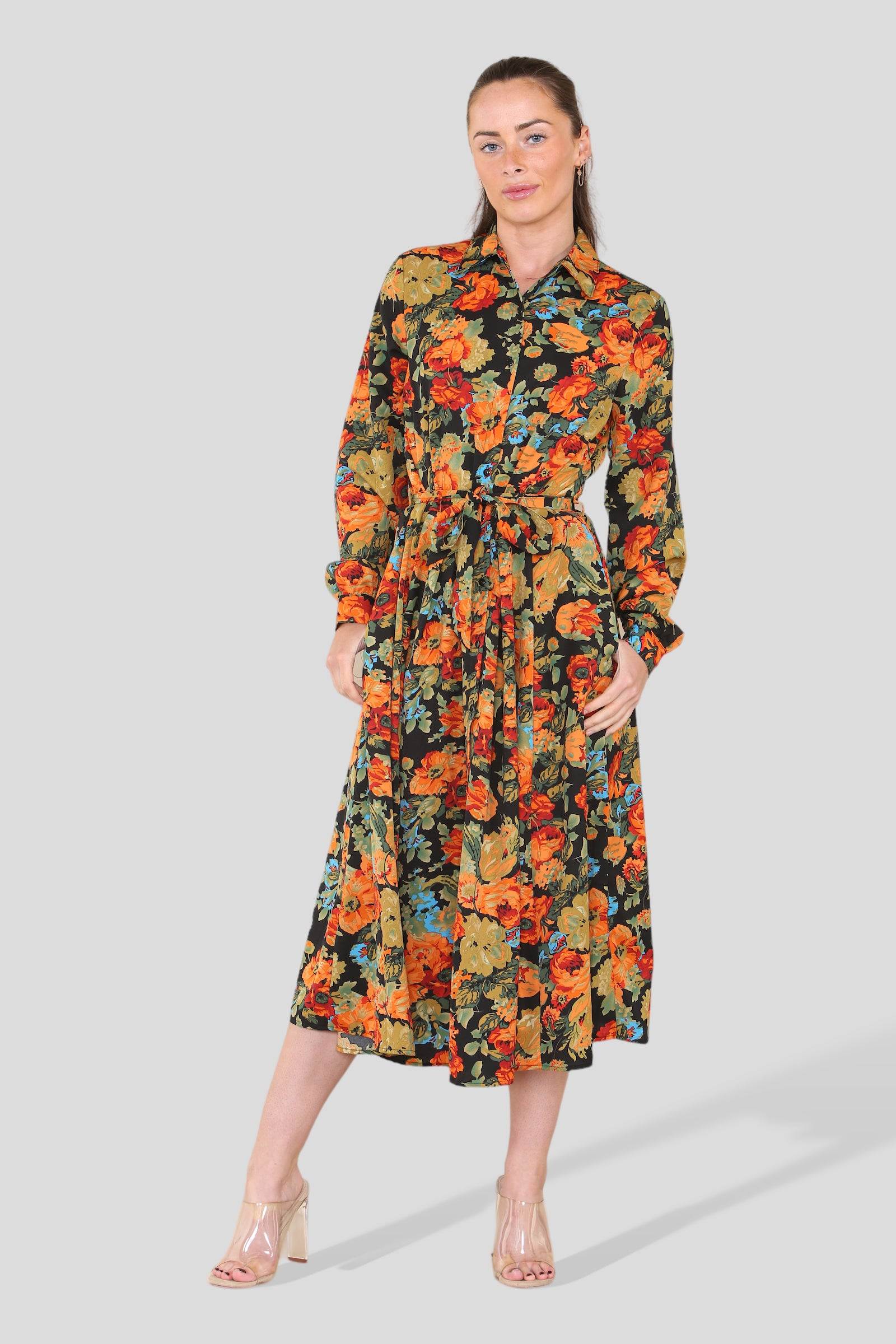 Love Sunshine Vintage Floral Printed Long Sleeve Belted Midi Shirt Dress LS-2279