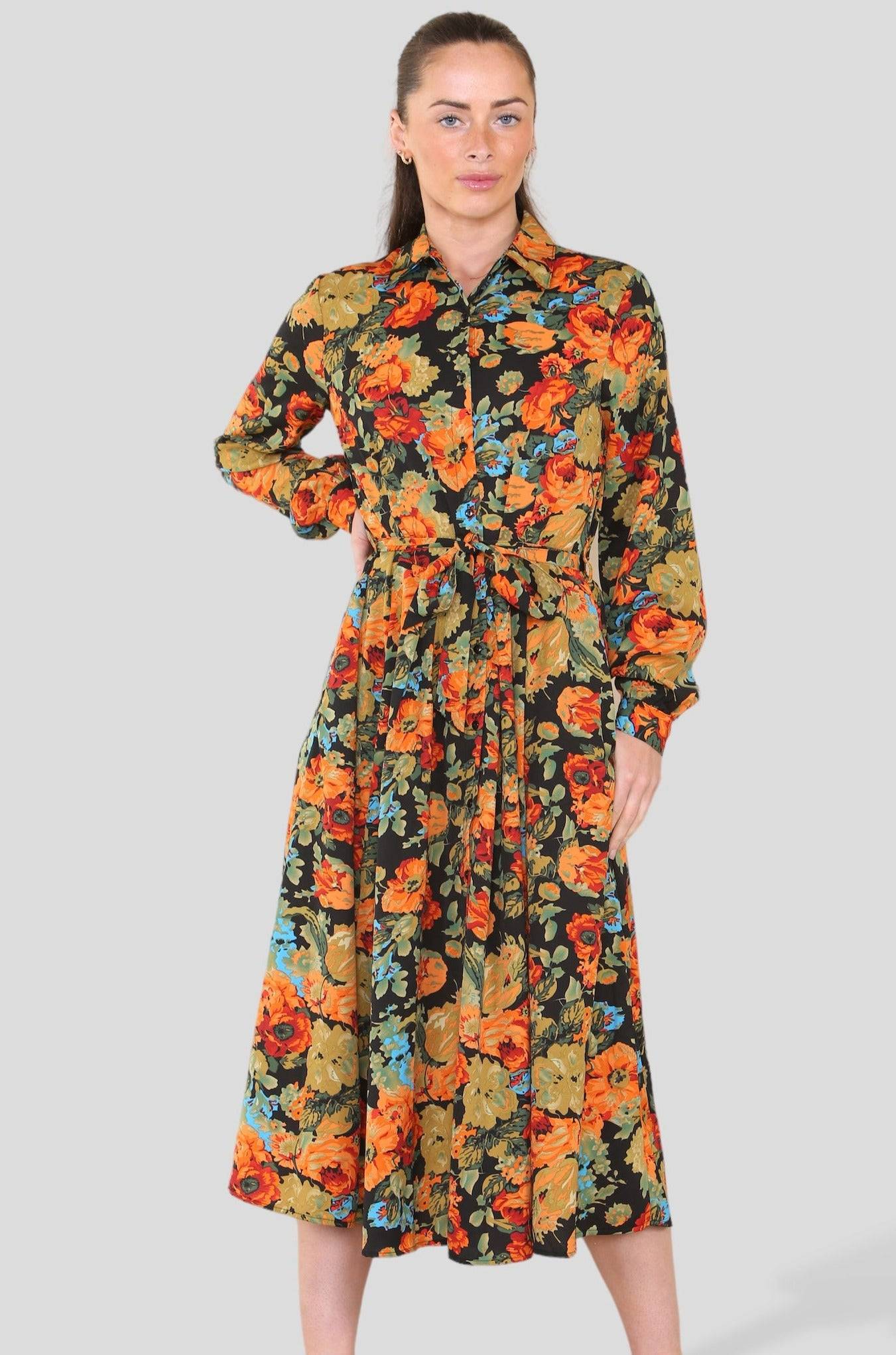 Love Sunshine Vintage Floral Printed Long Sleeve Belted Midi Shirt Dress LS-2279