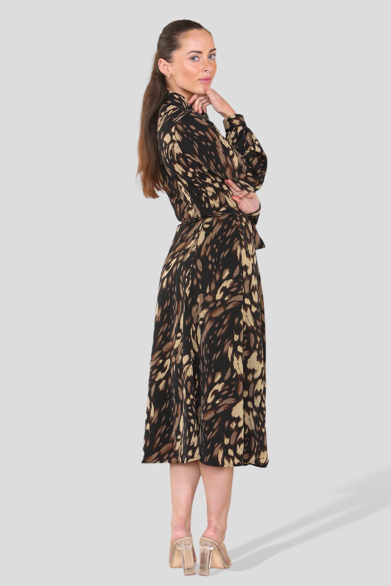 Love Sunshine Brown Leopard Printed Long Sleeve Belted Midi Shirt Dress LS-2279