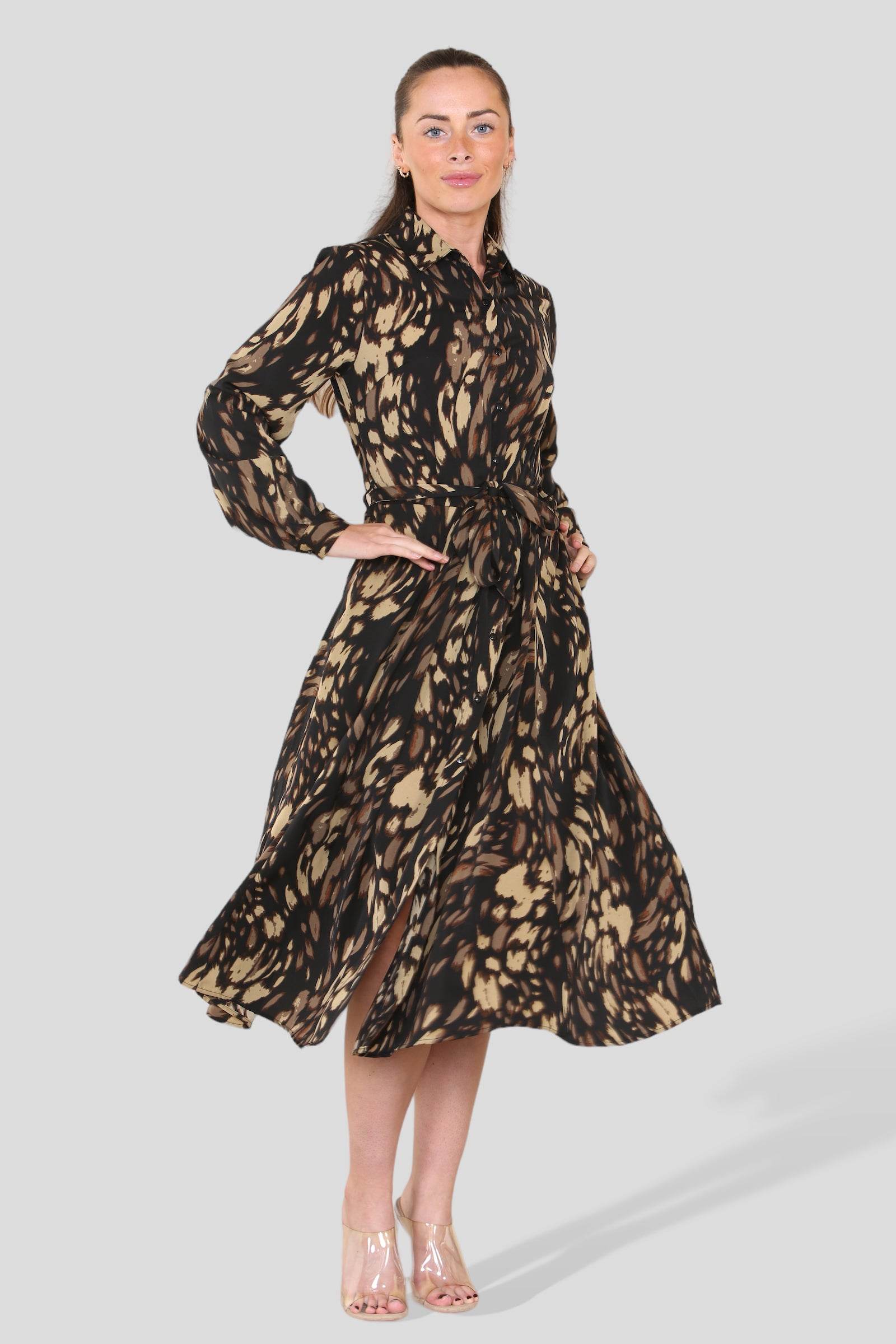 Love Sunshine Brown Leopard Printed Long Sleeve Belted Midi Shirt Dress LS-2279