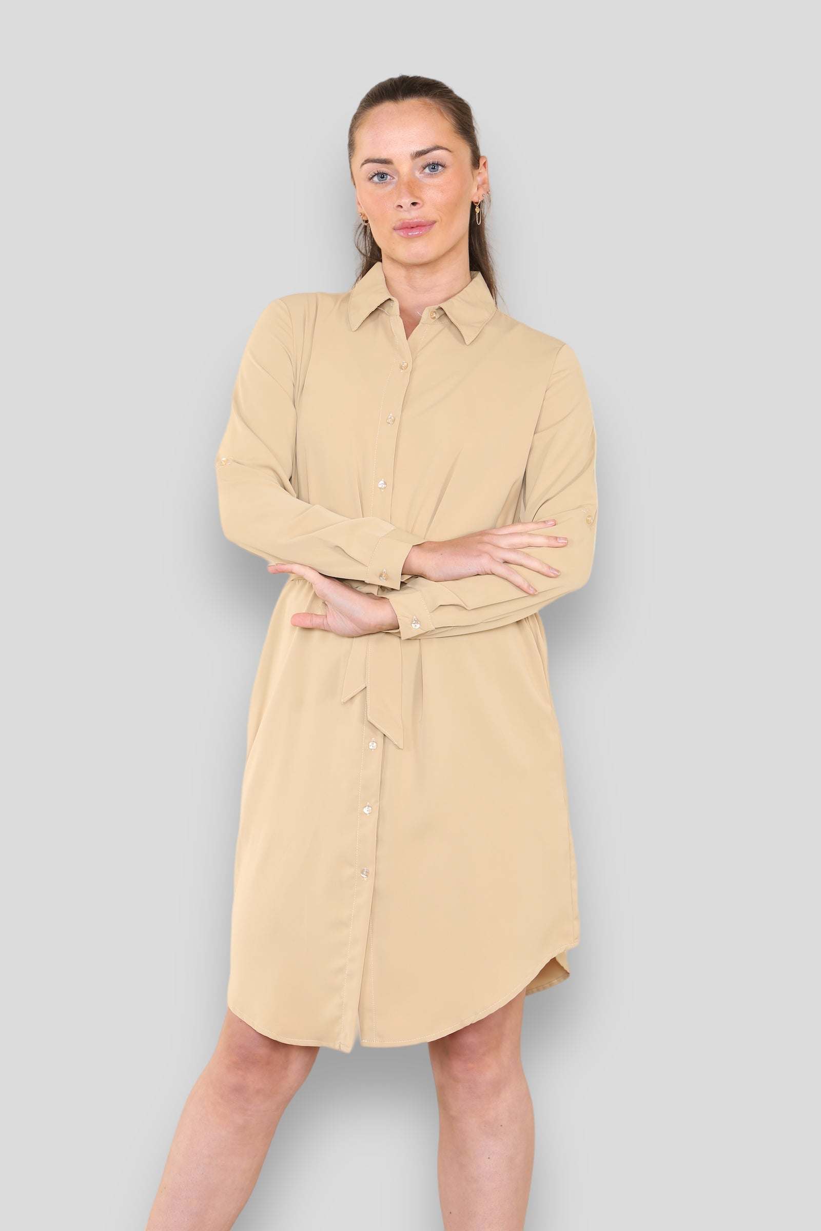 Love Sunshine Plain Beige Belted Mini Shirt Dress Brunch Dress Casual Dress Dress with Pockets Everyday Dress Long Sleeve Dress LS-5026 Workwear Dress