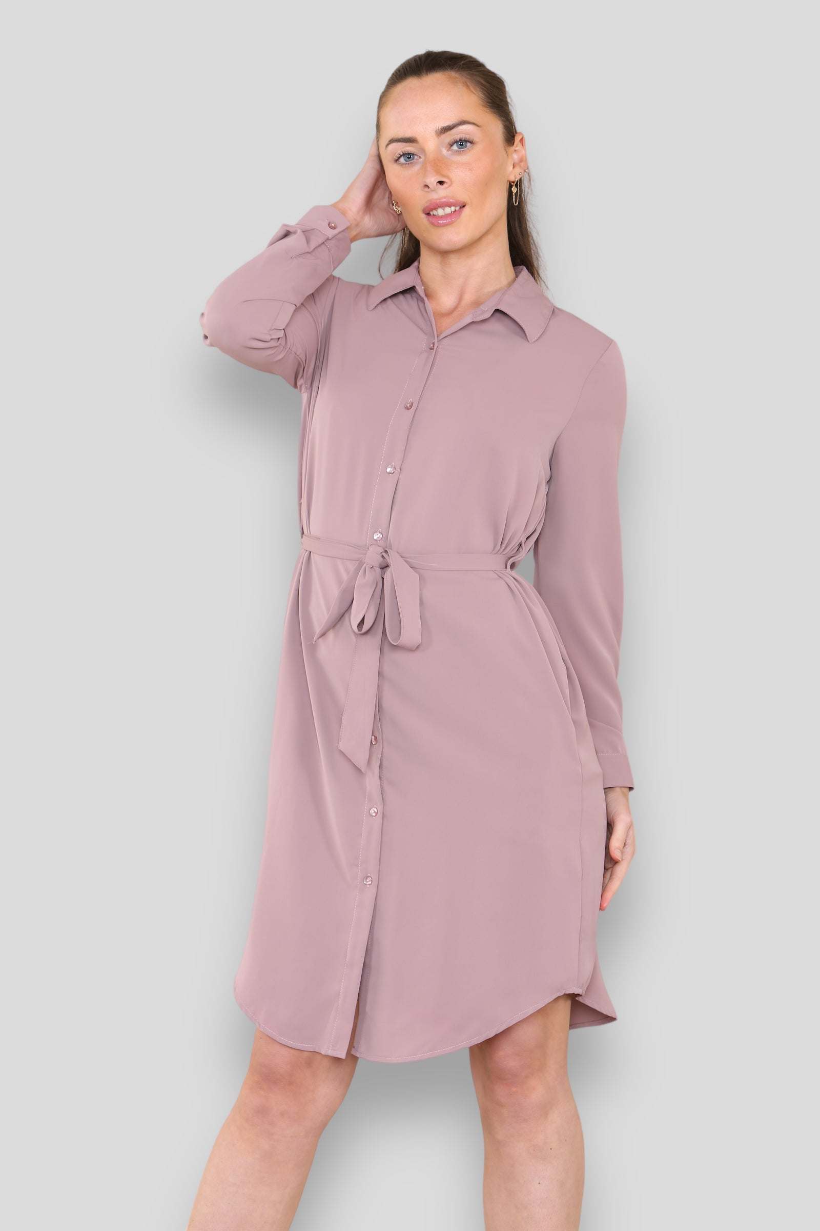 Love Sunshine Plain Dusty Pink Belted Mini Shirt Dress Brunch Dress Casual Dress DB Dress with Pockets Everyday Dress Long Sleeve Dress LS-5026 Workwear Dress