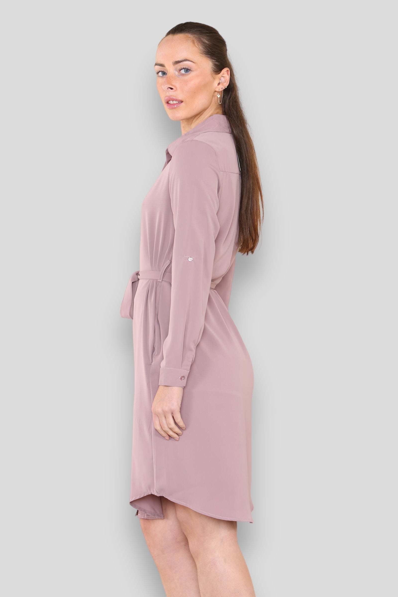 Love Sunshine Plain Dusty Pink Belted Mini Shirt Dress Brunch Dress Casual Dress DB Dress with Pockets Everyday Dress Long Sleeve Dress LS-5026 Workwear Dress
