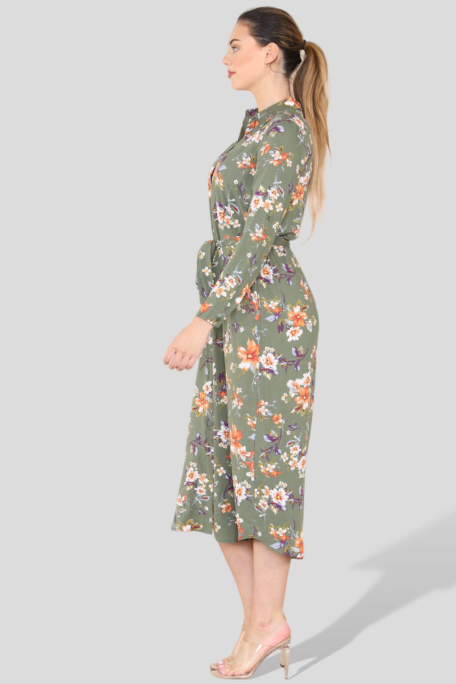 Love Sunshine Green Floral Print Long Sleeve Maxi Shirt Dress LS-2156LL
